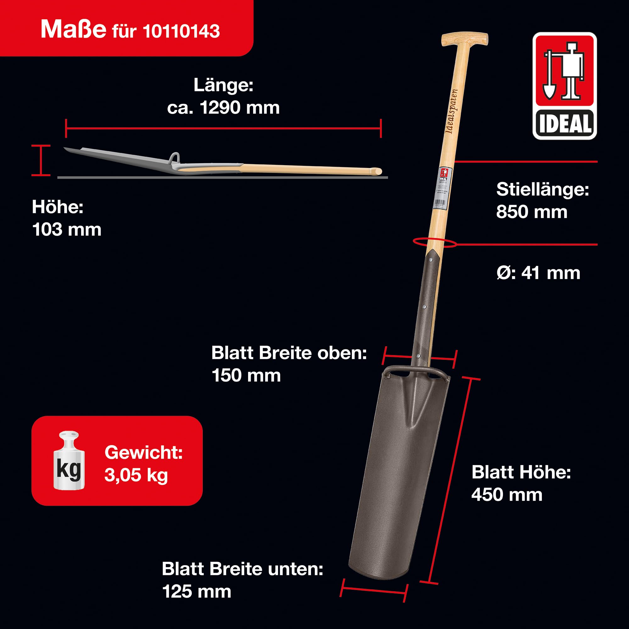 IDEAL - Pala de Drenaje con Mango en T de Fresno de 85 cm y Patada | Autoafilable, un especialista en excavar Agujeros Estrechos y Profundos | Zanjas para Canales de Cable o tuberías