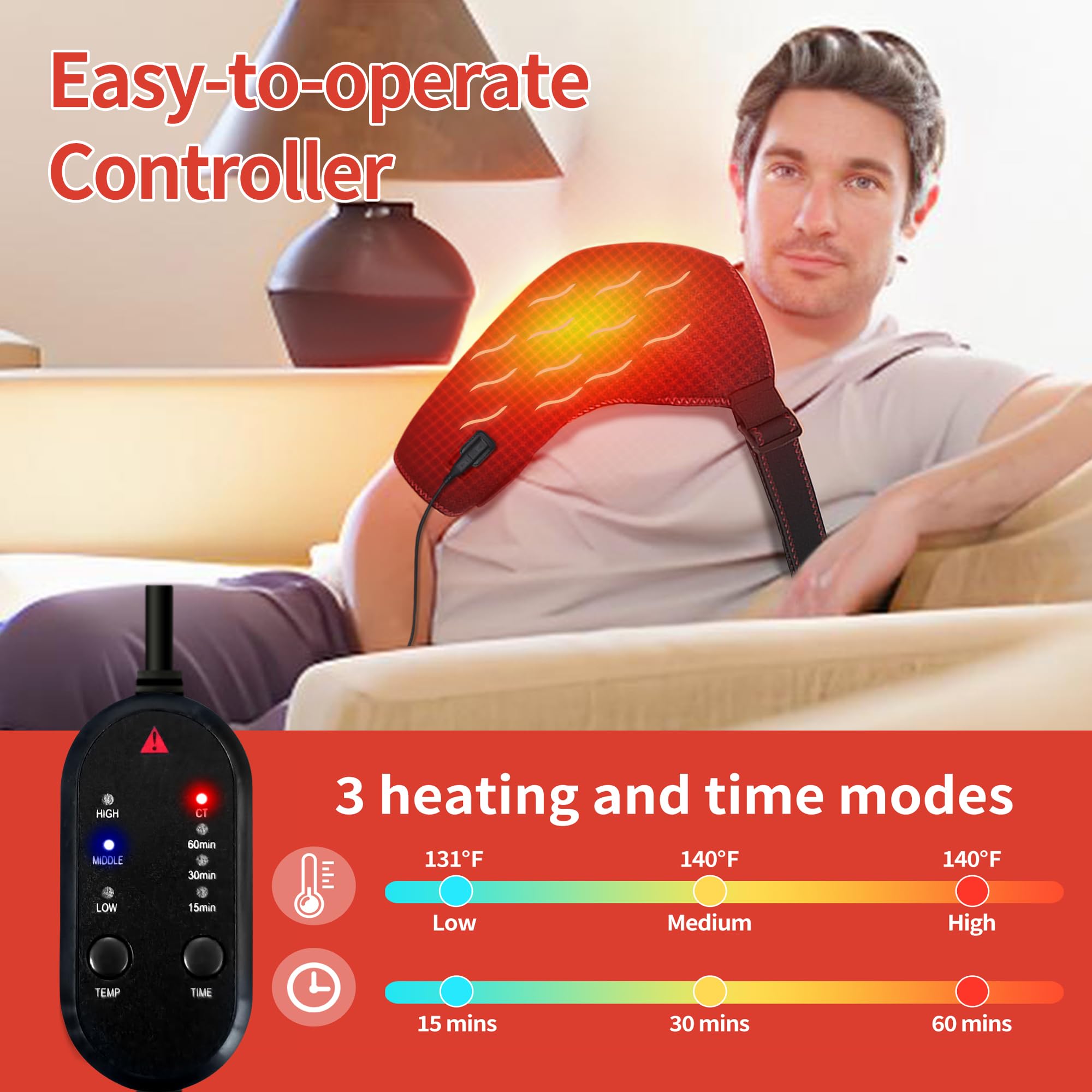 Termoforo per spalla, Tutore Spalla Riscaldato, con 3 impostazioni di calore e tempo, bendaggio termico per spalla sinistra/destra, con alimentatore S/M (non wireless)