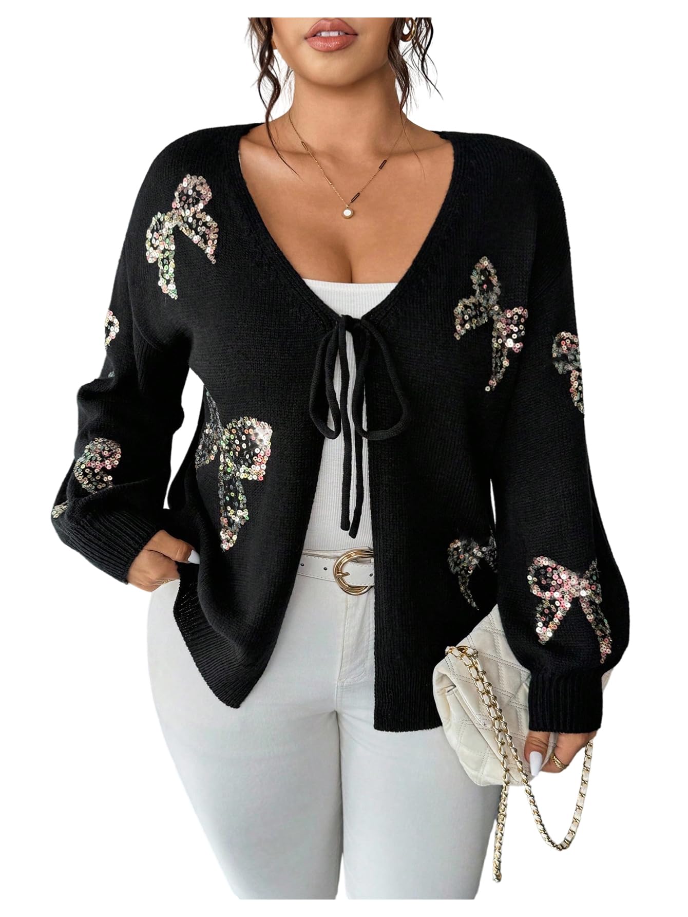 MakeMeChic Womens Plus Size Glitter Sequin Cardigan Bow Knot Long Sleeve Tie V Neck Fall Y2K Sweater