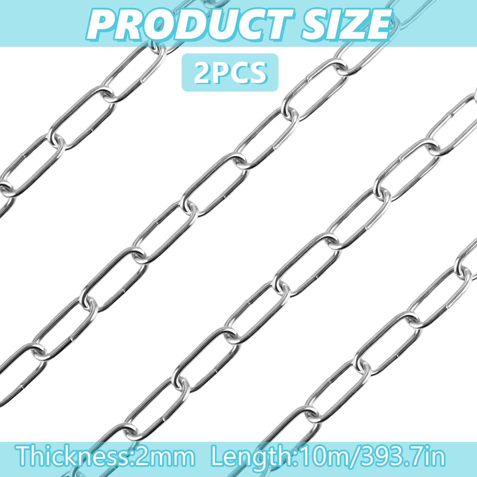 WOPPLXY 2 Stück Verzinkt Metallkette, 2mm 10 Meter Kette Meterware, Gliederkette aus Metall, Oberfläche Verzinkt Ankerkette, Schaukelkette Zum Aufhängen von Grün und Kleidung, Türverschluss