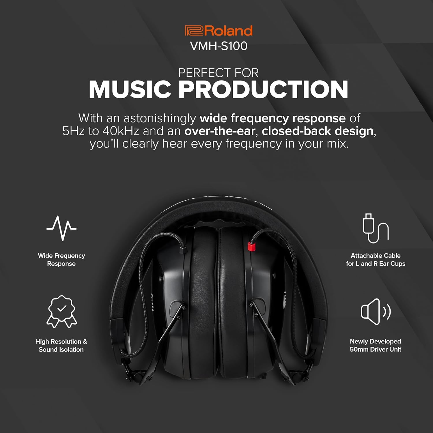 Roland VMH-S100 | Hi-Res Over-Ear Music Production Headphones | Wide Frequency Response | Incredible Sound Isolation | 50mm Driver Unit | Comfortable & Durable