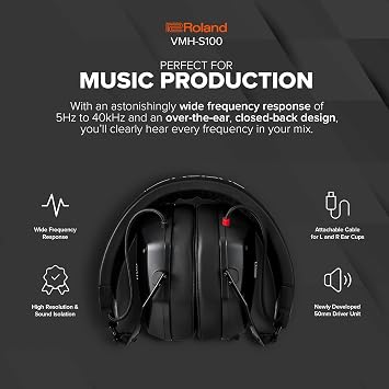Roland VMH-S100 | Hi-Res Over-Ear Music Production Headphones | Wide Frequency Response | Incredible Sound Isolation | 50mm Driver Unit | Comfortable & Durable