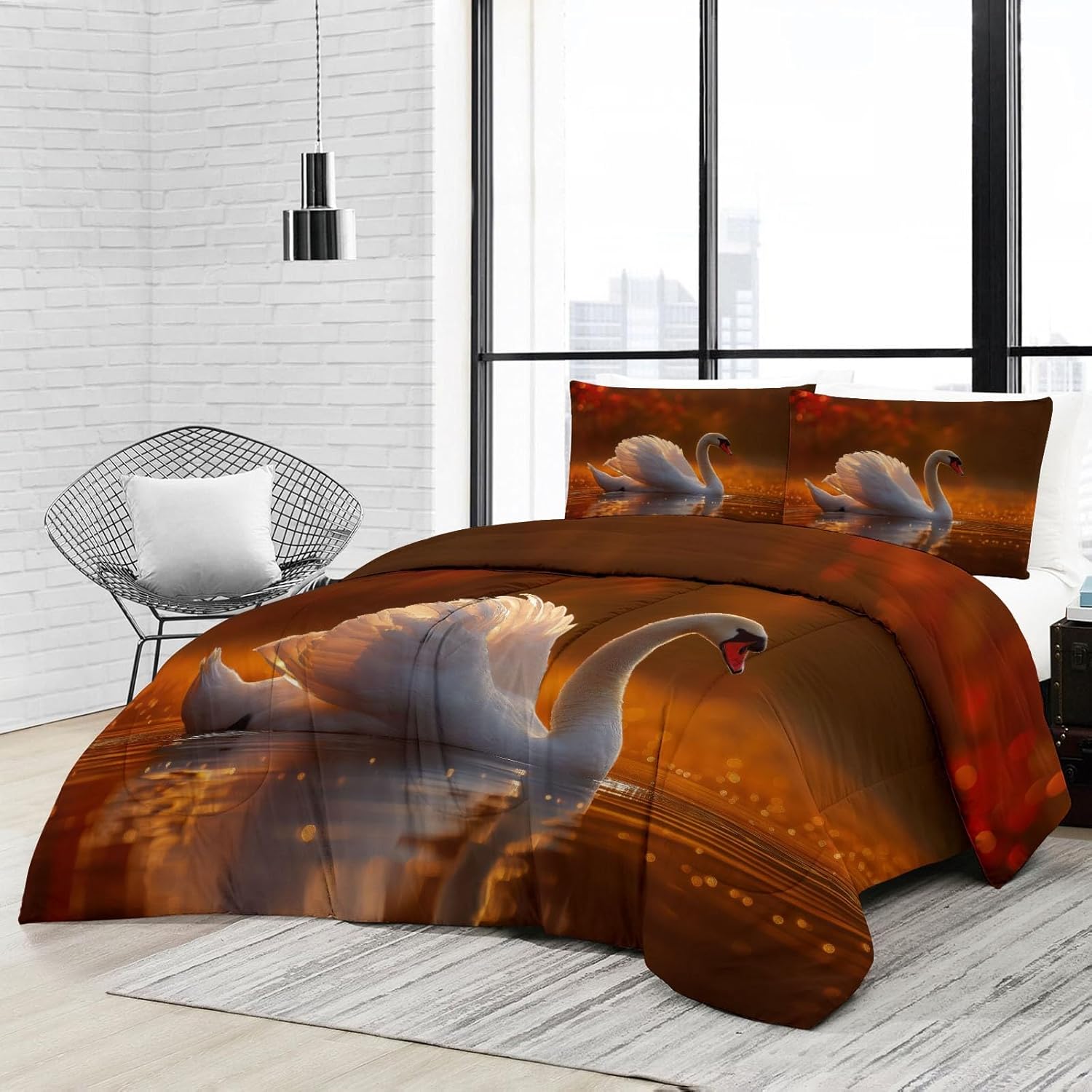 3 Pieces Animals Geese Autumn Lake Bedding Set, Landscape Twin Comforter Set for Kids Girls Room Decor, Aesthetic Soft Microfiber Quilt for All Season (68" x 90")