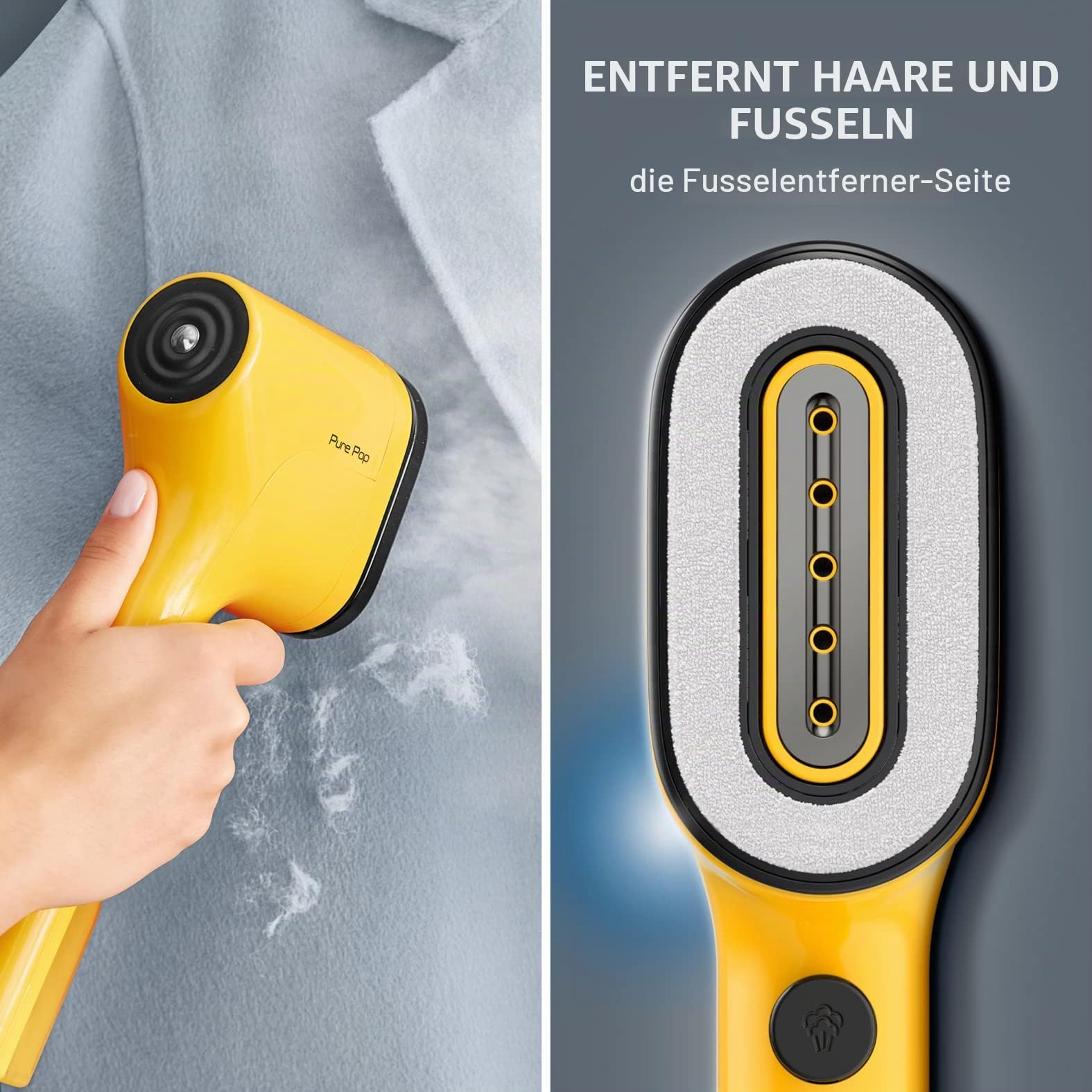 Rowenta Pure Pop DR2026 Dampfbürste, 1300 W, mit Dampfleistung bis zu 20 g/min zum Bügeln und Reinigen, entfernt Fusseln und Haare, wendbare Bürstenköpfe, Reisedesign, gelb