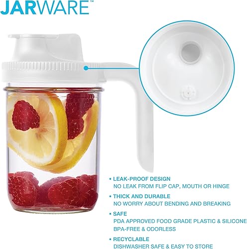 Vista 4 de Jarware 82689 Tapa de tarro Mason con boquilla blanca con y sin asa, boca ancha, juego de 2 Blanco