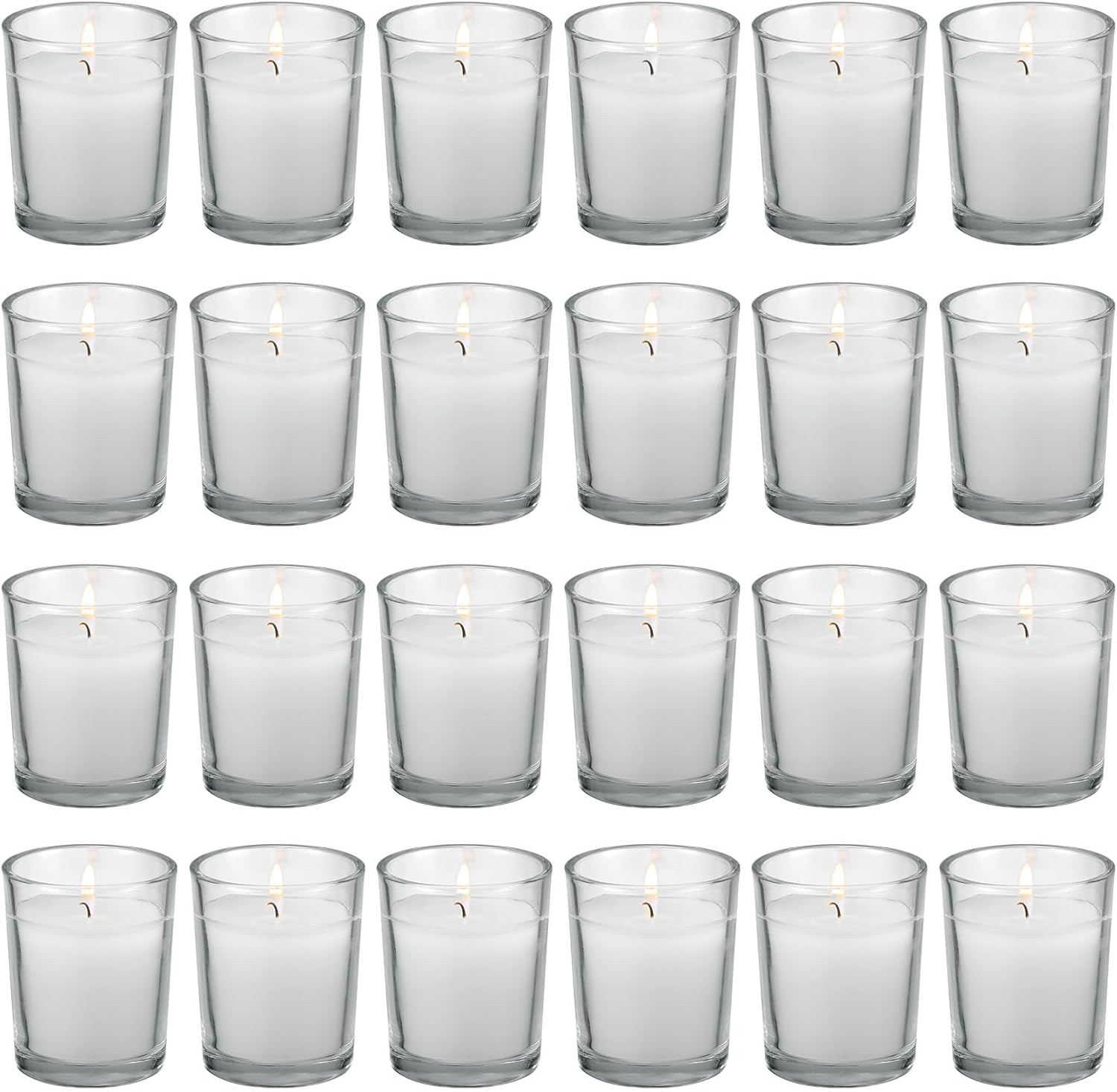 flamecan 24 Pack Clear Glass Filled Ivory Votive Candles. Unscented Votive Candles for Home Décor Spa Weddings Birthdays Holidays Party