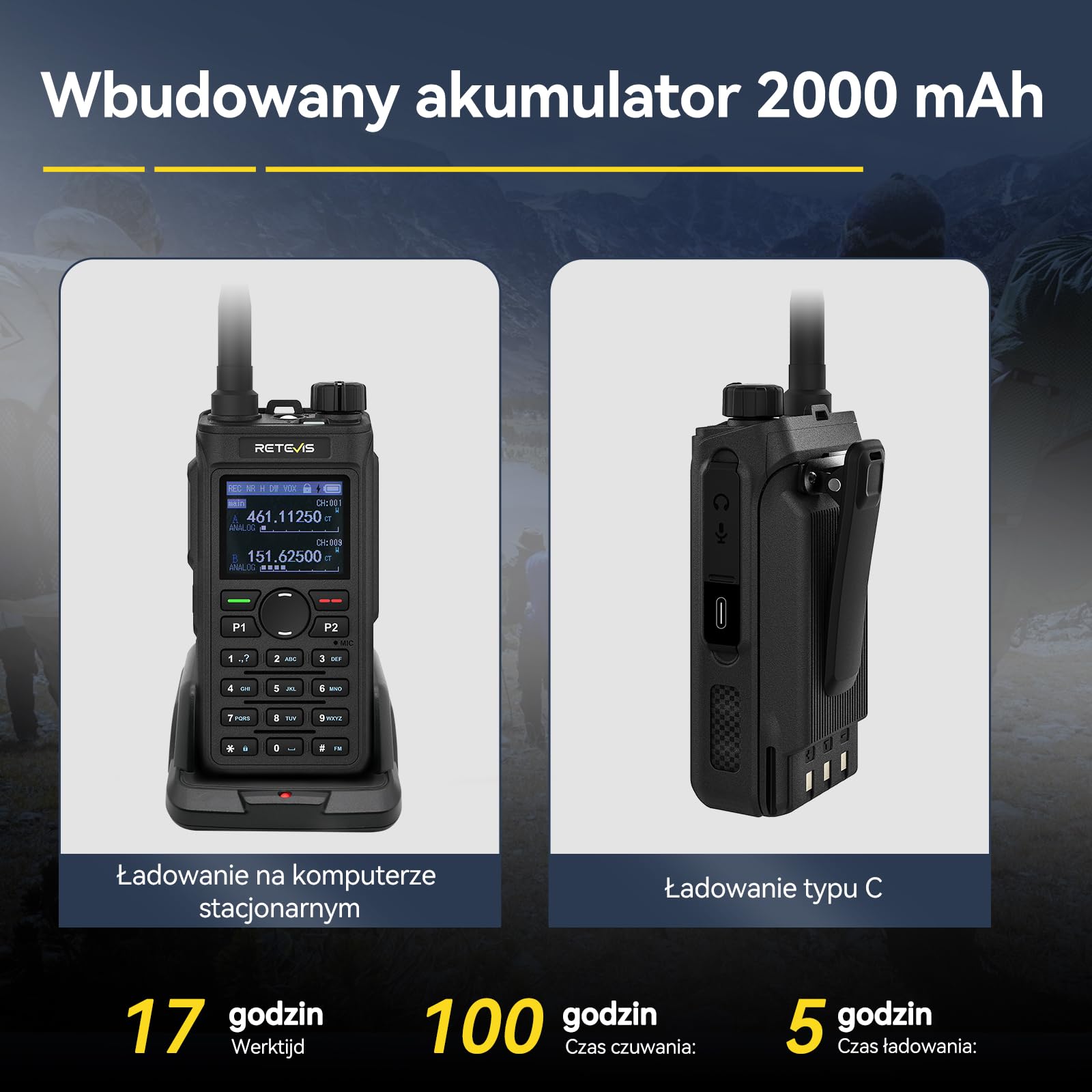 Retevis C62 Przenośne Radio, Akumulatorowe Ham Radio, Walkie-talkie o Dużym Zasięgu, 2000mAh, do Restauracji, Hoteli, Supermarketów (opakowanie 1 szt)