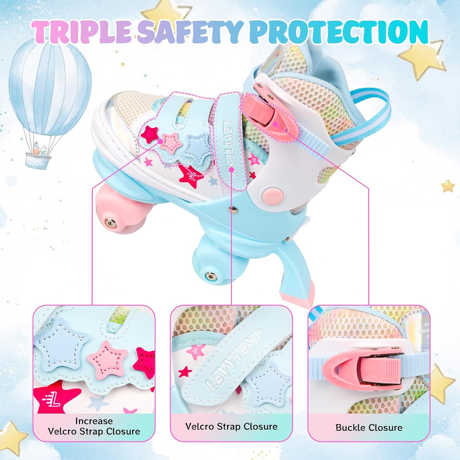 Kids Roller Skates for Girls Kids with Light Up Wheels, Adjustable 4 Sizes (10C-7.5Y), Star Design, Triple Safety System, Ideal Gift for Ages 3-12