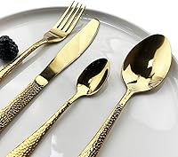 Vista 5 de JASHII Juego de cubiertos de 4 piezas de acero inoxidable dorado forjado con mango martillado, servicio para 1 pulido de espejo, apto para Oro
