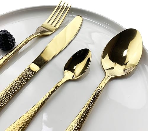 Miniatura 5 de JASHII Juego de cubiertos de 4 piezas de acero inoxidable dorado forjado con mango martillado, servicio para 1 pulido de espejo, apto para