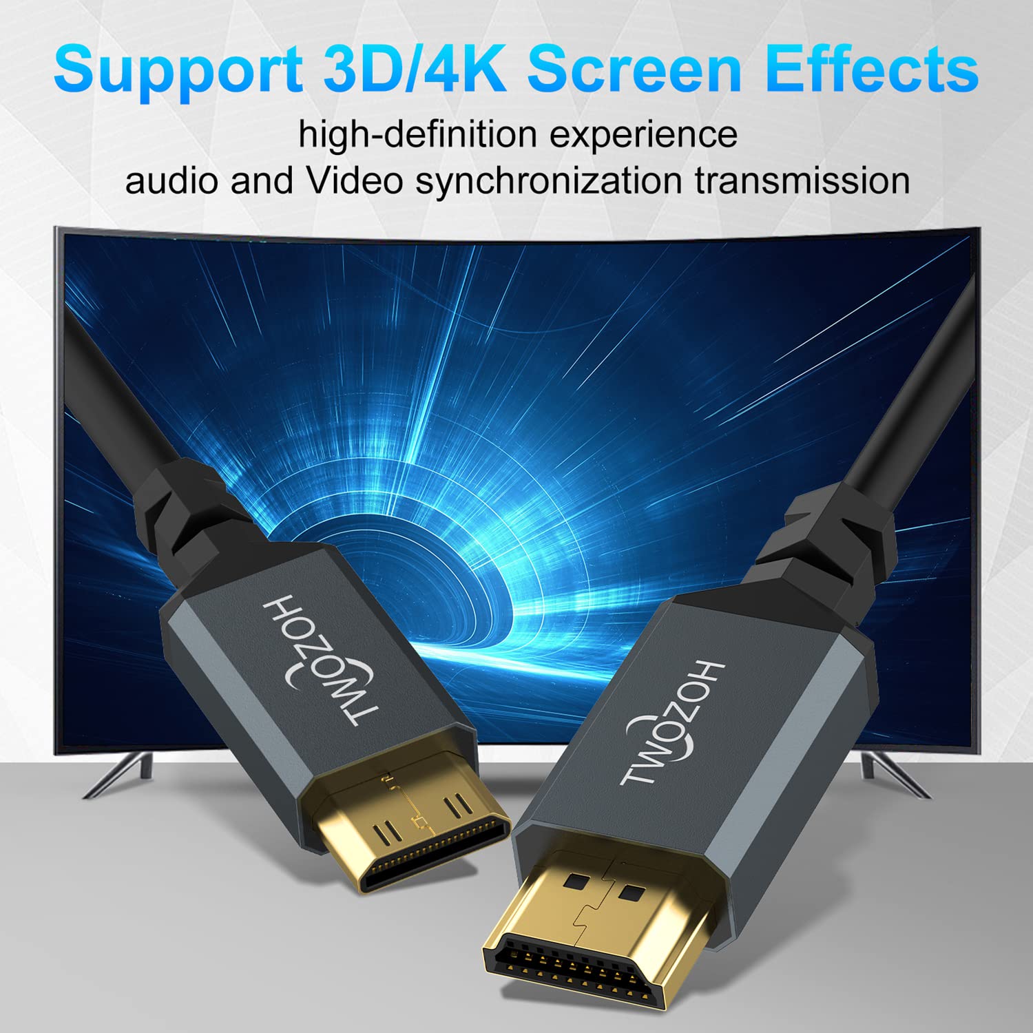 Cavo A Spirale 90° Mini HDMI A HDMI 2.1 - 8K Ultra HD, 48 Gbps, Lunghezza Estensibile 30-100 Cm, Per Fotocamera, DSLR, Monitor, TV, Laptop