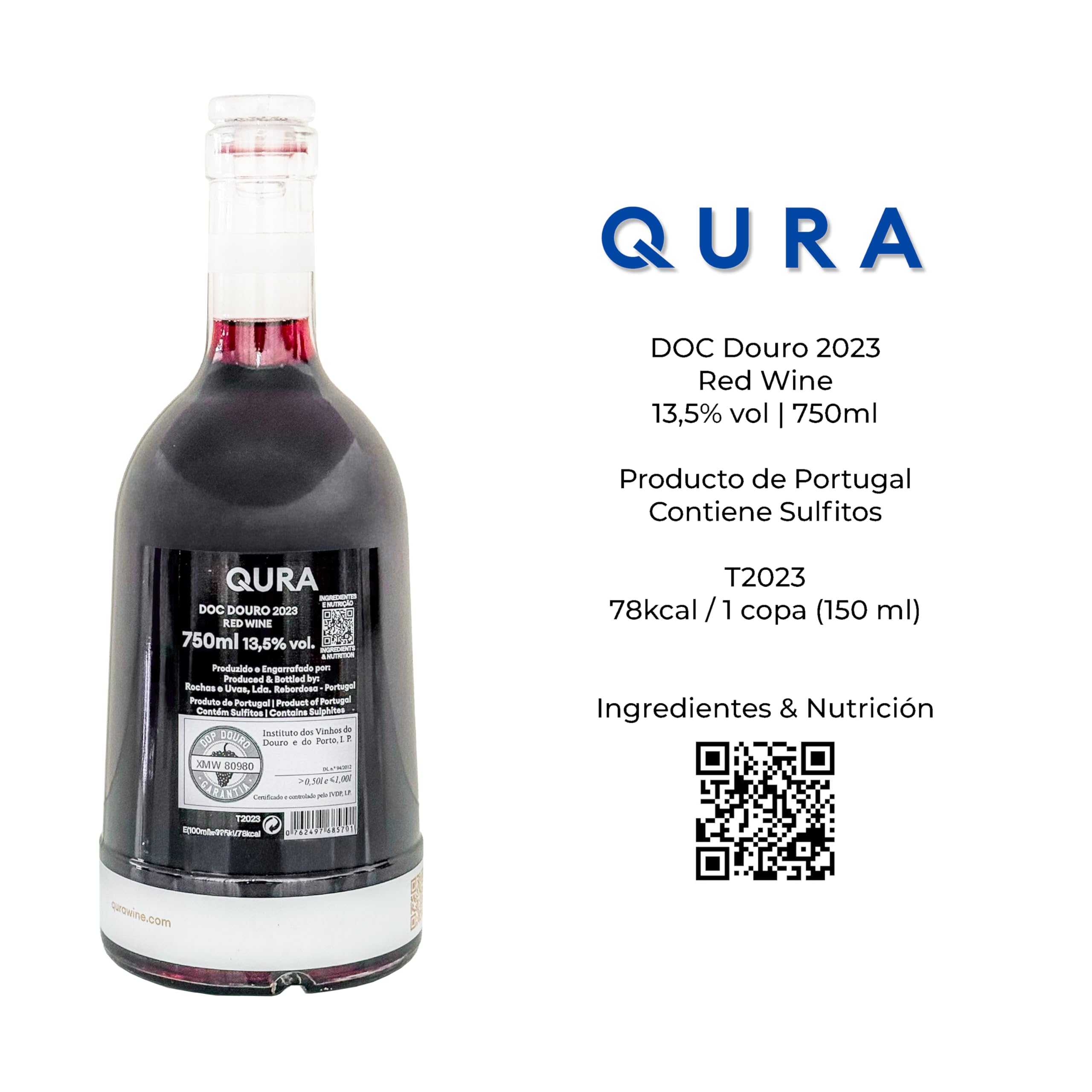 QURA – Vino Tinto DOC Douro Edición Especial | Caja de Vino para Regalo | Pack Vino para Regalar 3 Botellas | Cosecha 2023 | 13,5% vol | Rubí | Jugoso y elegante
