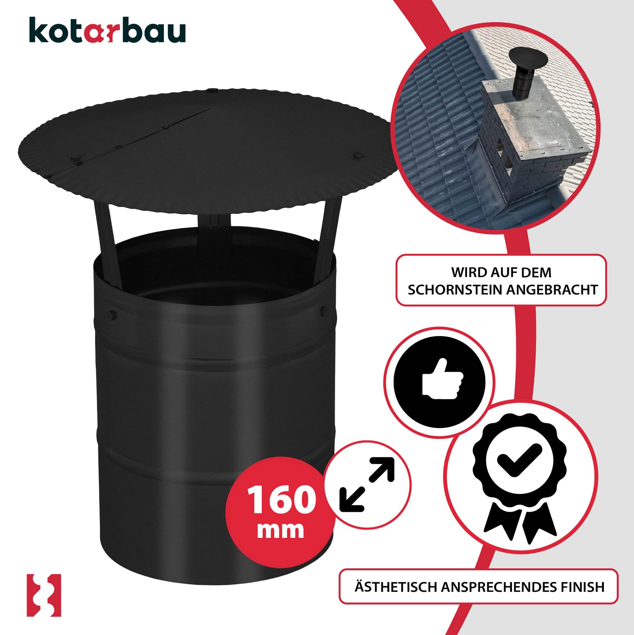 KOTARBAU® Sombrerete Chimenea - Acero Galvanizado y Pintado en Polvo - ø 160 mm - Negro - Sombrero Chimenea - Caperuza Salida Humos - Resistente a la Corrosión - Fácil Instalación
