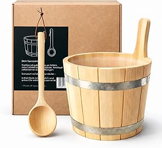 Sauna-Eimer mit Saunakelle aus 100% nordischer Fichte naturbelassen | Deutsches Qualitätsprodukt | 5 Liter Füllvolumen inkl. Einsatz, Holzgriff | Wellness Aufguss Komplett Set