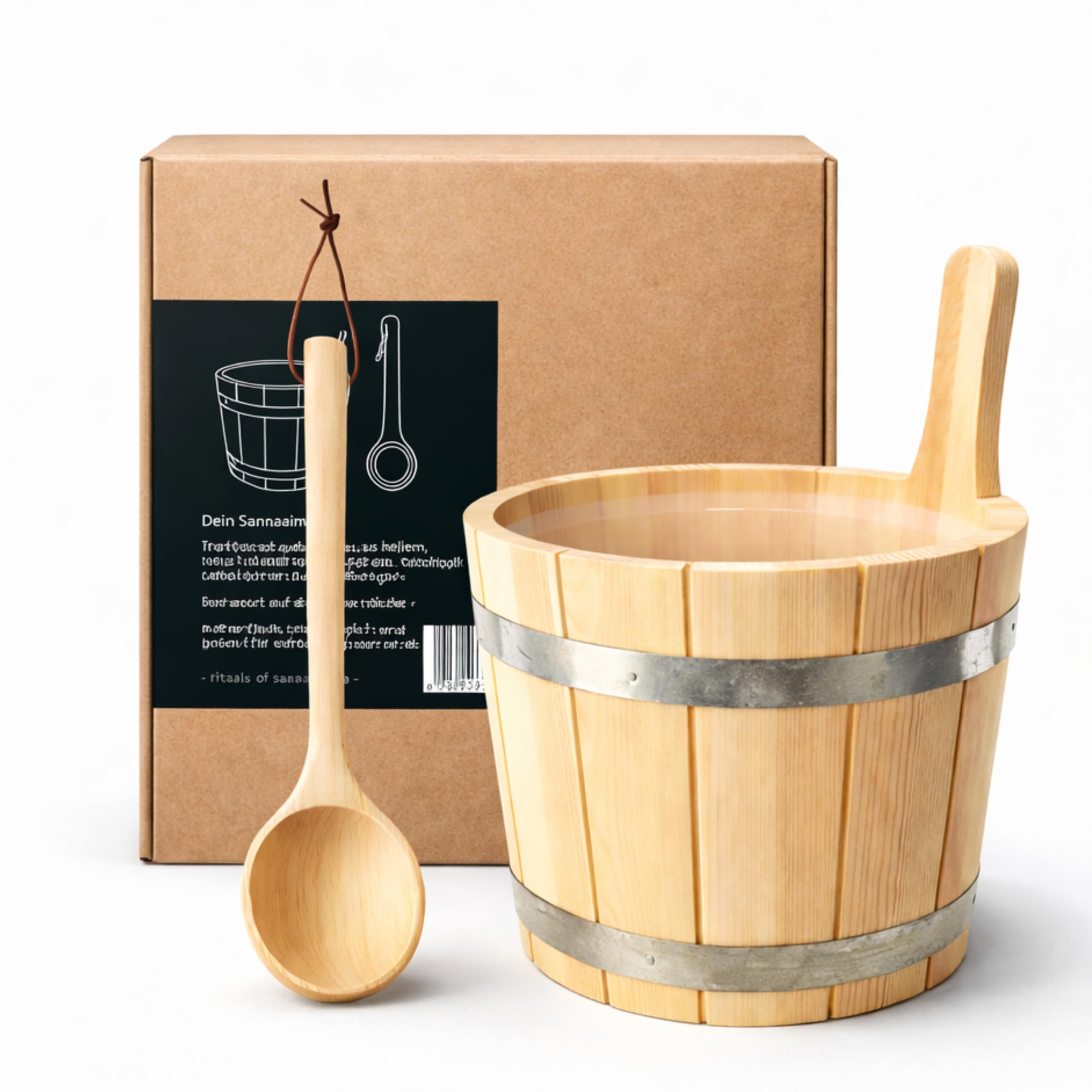 wellow® Sauna-Eimer mit Kelle 5 L – Saunaeimer aus 100% nordischer Fichte, naturbelassen – inkl. auslaufsicherem Einsatz & Holzgriff – Saunazubehör Aufguss-Set in deutscher Qualität