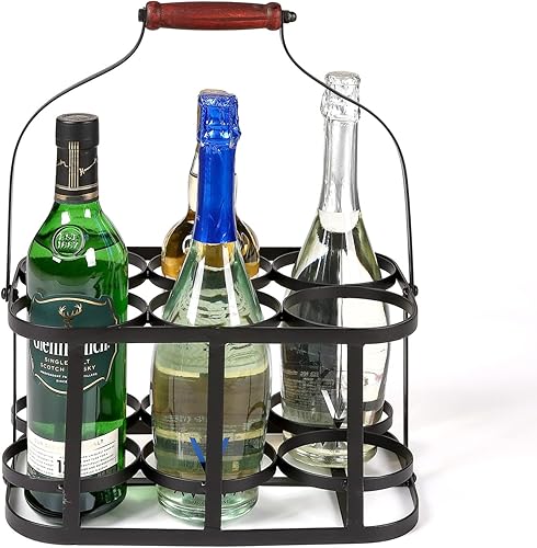 Vista 2 de Portabidones de vino de metal para 6 botellas de vino con mango de madera, cesta de vino de metal para granja, soporte decorativo de exhibición