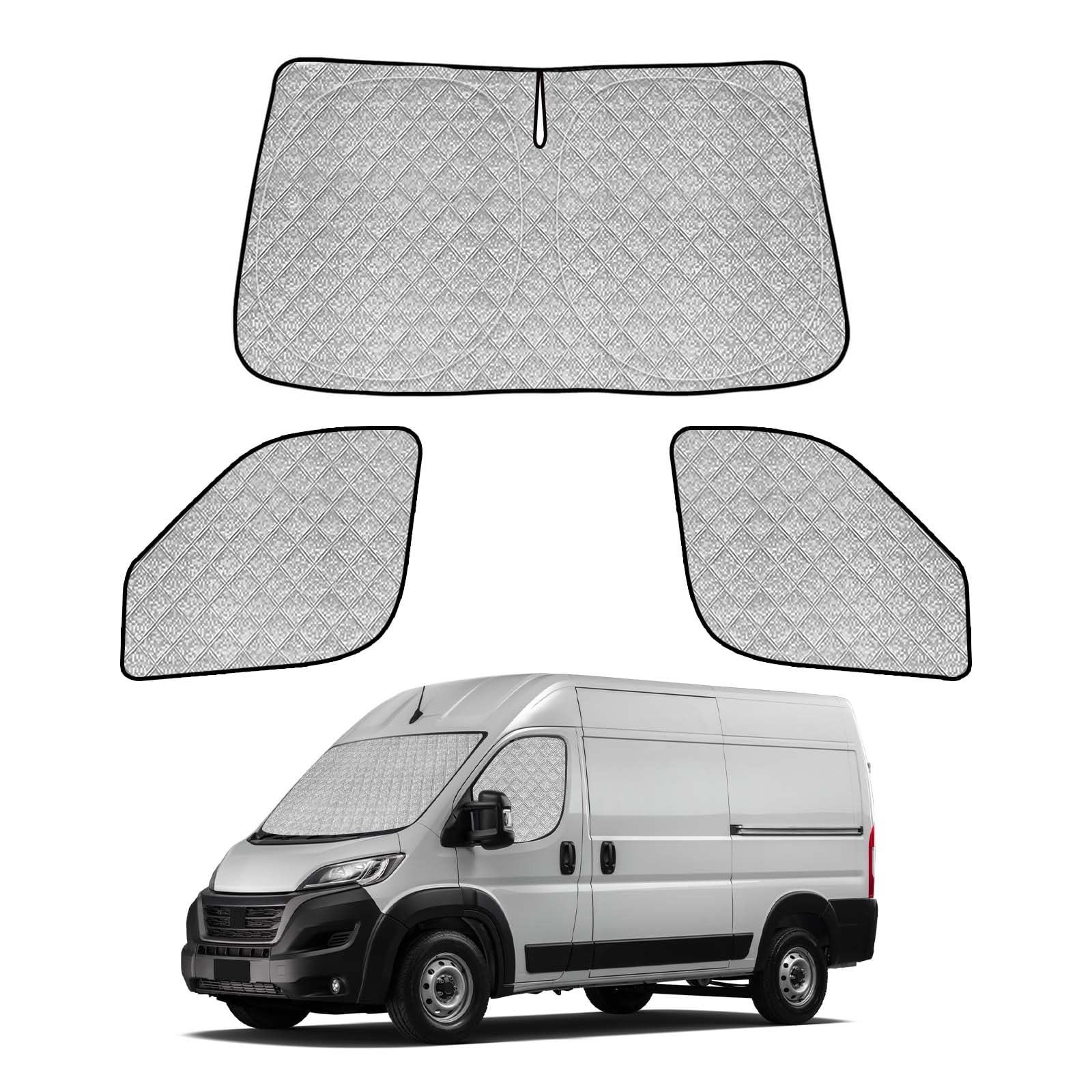 3er Set Auto Sonnenschutz für FIAT Ducato X250/X290 Wohnmobile, Peugeot Boxer, Citroen Jumper | Frontscheibe faltbar & magnetische Seitenscheiben | Thermomatte Verdunkelung & Hitzeschutz