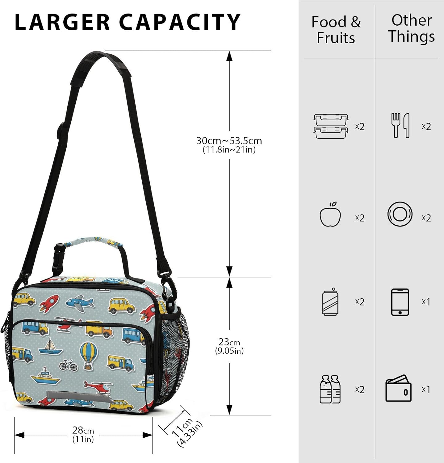 Dussdil Cartoon Bus Taxi Airplane Truck Kids Lunch Bags for Boys Girls Lunch Meal Box Insulated Thermal Cooler Bag Reusable Organizer Tote Lunch Bag with Adjustable Shoulder Strap for School Picnic