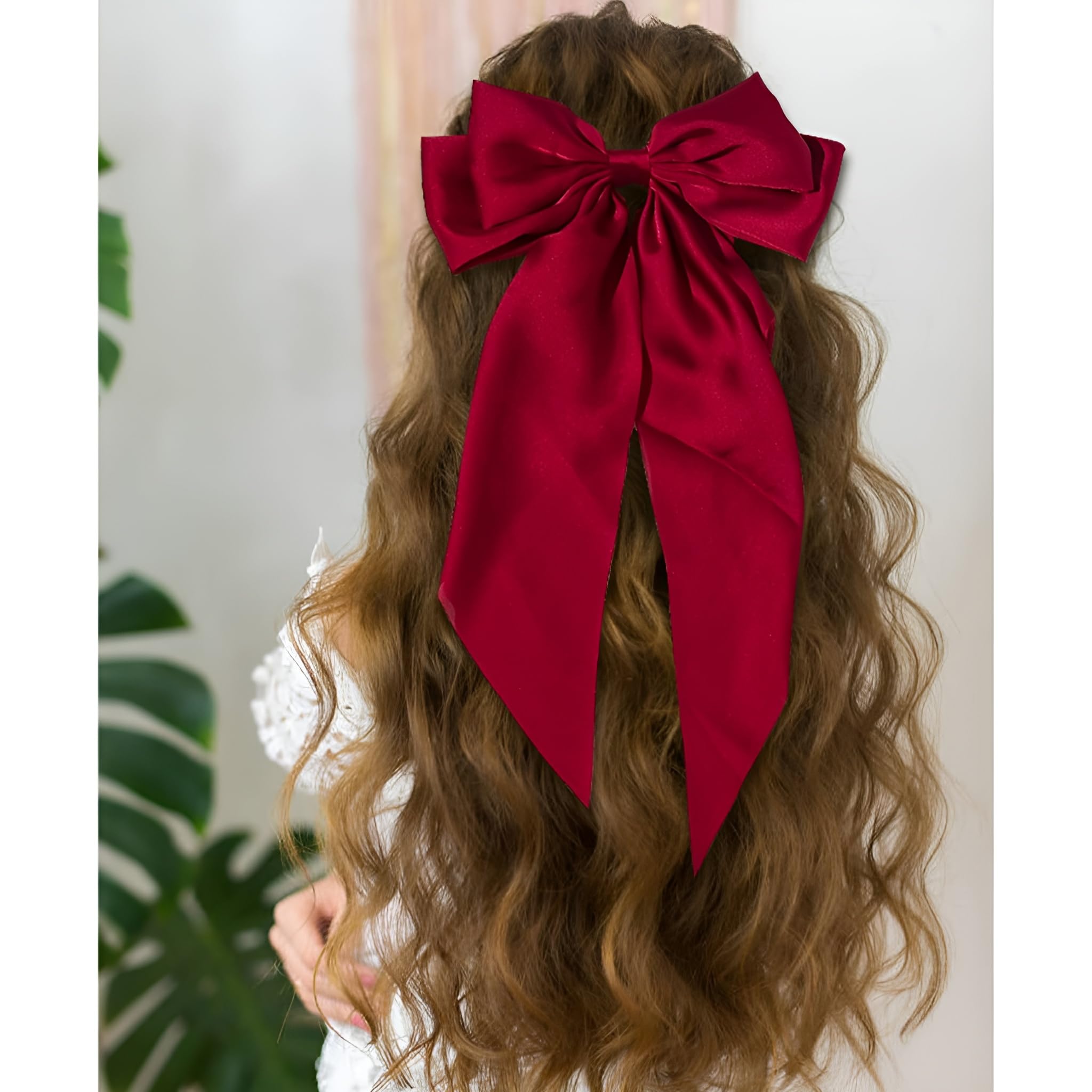 WHISKET Hair Bow Women Satin Silky Hair Barrettes with Big Ribbon Large Vintage Bow Clip for Hair Accessories (RED)