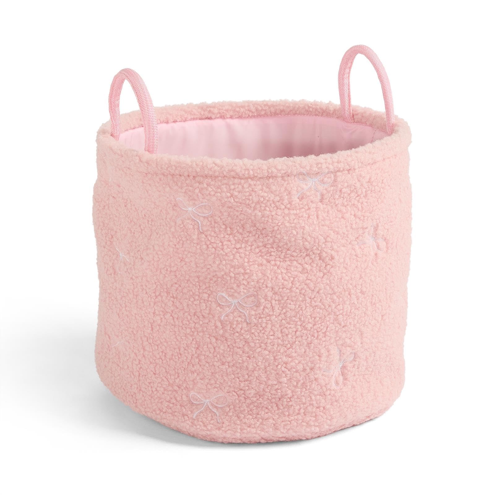 OHS Bow Print Small Laundry Basket Boucle Storage Box Blanket Basket, Pink
