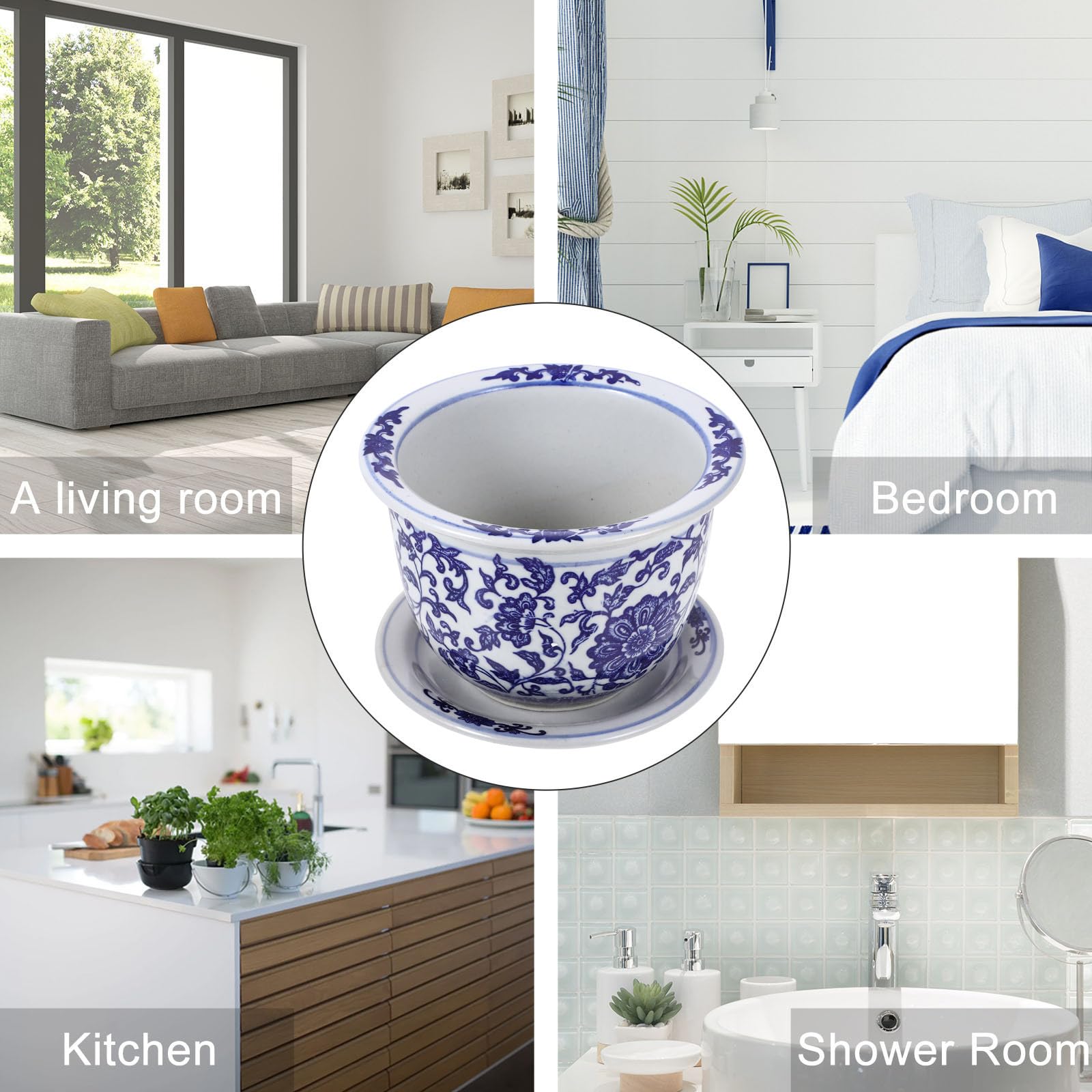 Vaso per Piante in Ceramica con Motivo Decorativo Blu e Bianco, Set da 1 con Vassoio, per Fiori e Piante Grasse da Interno o Ufficio