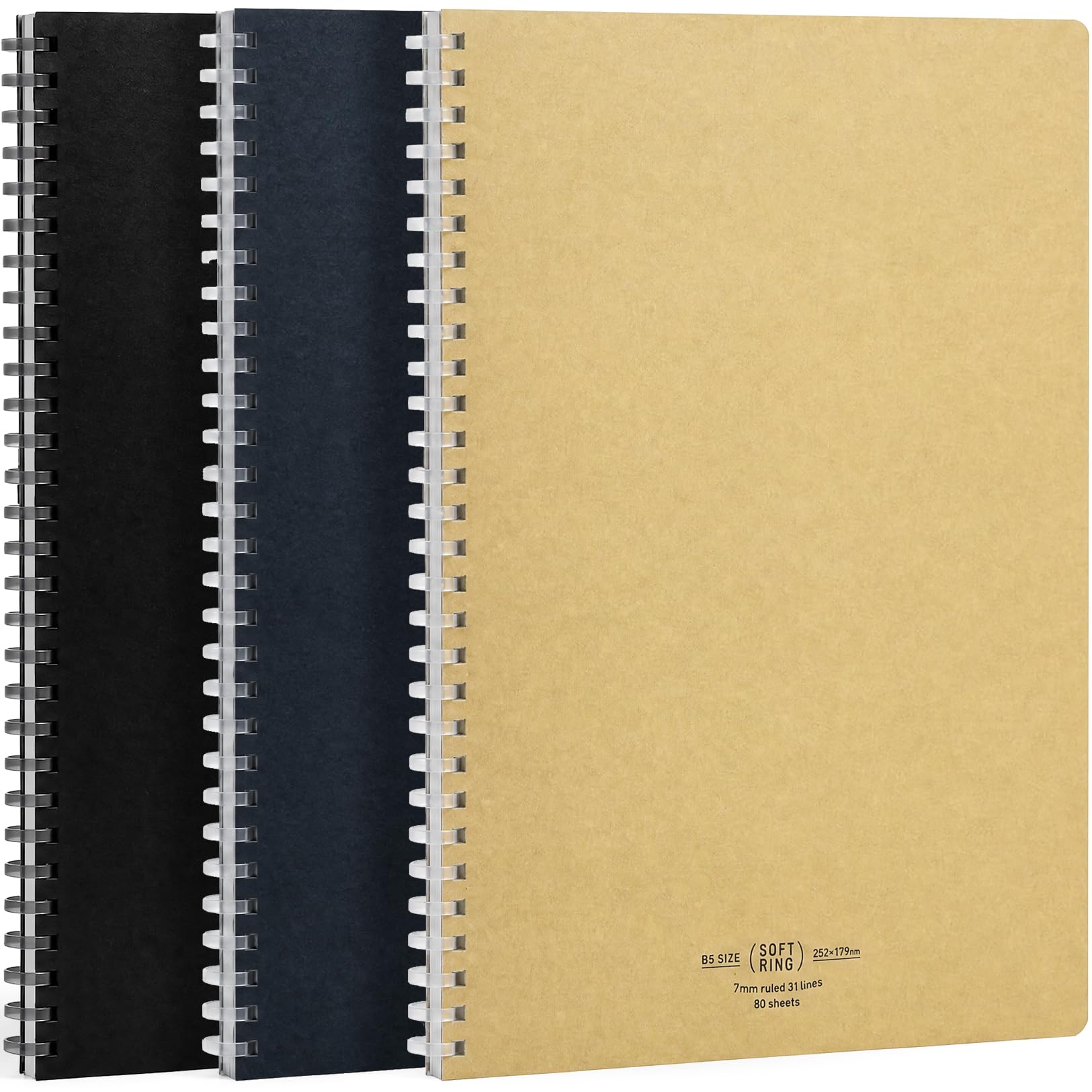 KOKUYO D Shaped Soft Ring Notebook, 7mm Rule, 31 Lines, 80 Sheets, B5, Natural Style, Set of Black, Beige, Navy, Japan Import (SU-SV608A) — image 1