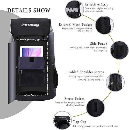 Miniatura 2 de IDRYBAG Mochila enrollable impermeable de 45 L mochila flotante seca impermeable bolsa seca mochila para deportes acuáticos Negro 45L