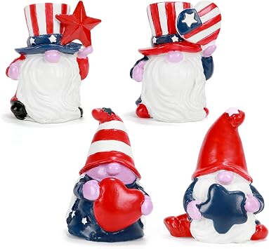 4th of July Decorations Patriotic Gnome Figurines, Set of 4 Resin Miniature Gnome Statues, Red White and Blue Memorial Day Decor for Home Outdoor GardenTiered Tray Shelf Mantel Tabletop Centerpieces