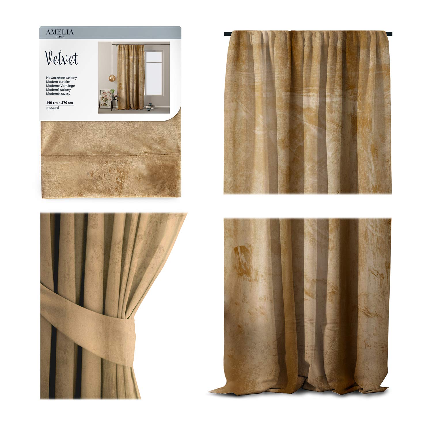 AmeliaHome Velvet Look Curtain - 140 x 270 cm Mustard Yellow Ruffle Tape, Blackout Curtain with Light Shimmering Decorative Effect
