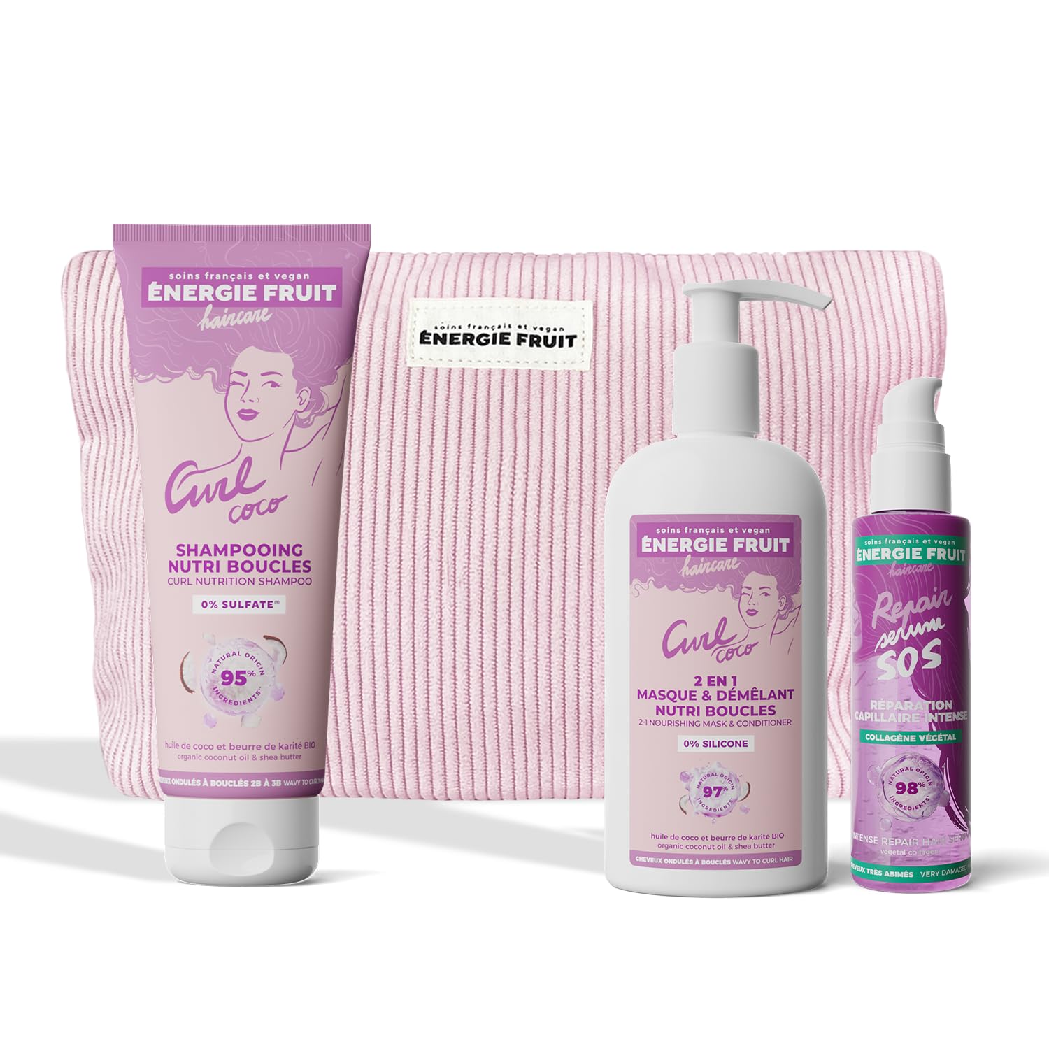 ENERGIE FRUIT Coco Curl - Coffret Cadeau Routine Boucles - Shampoing, Masque Nourrissant & Sérum Collagène - Cheveux Ondulés à Bouclés - Huile de Coco BIO & Collagène - Trousse