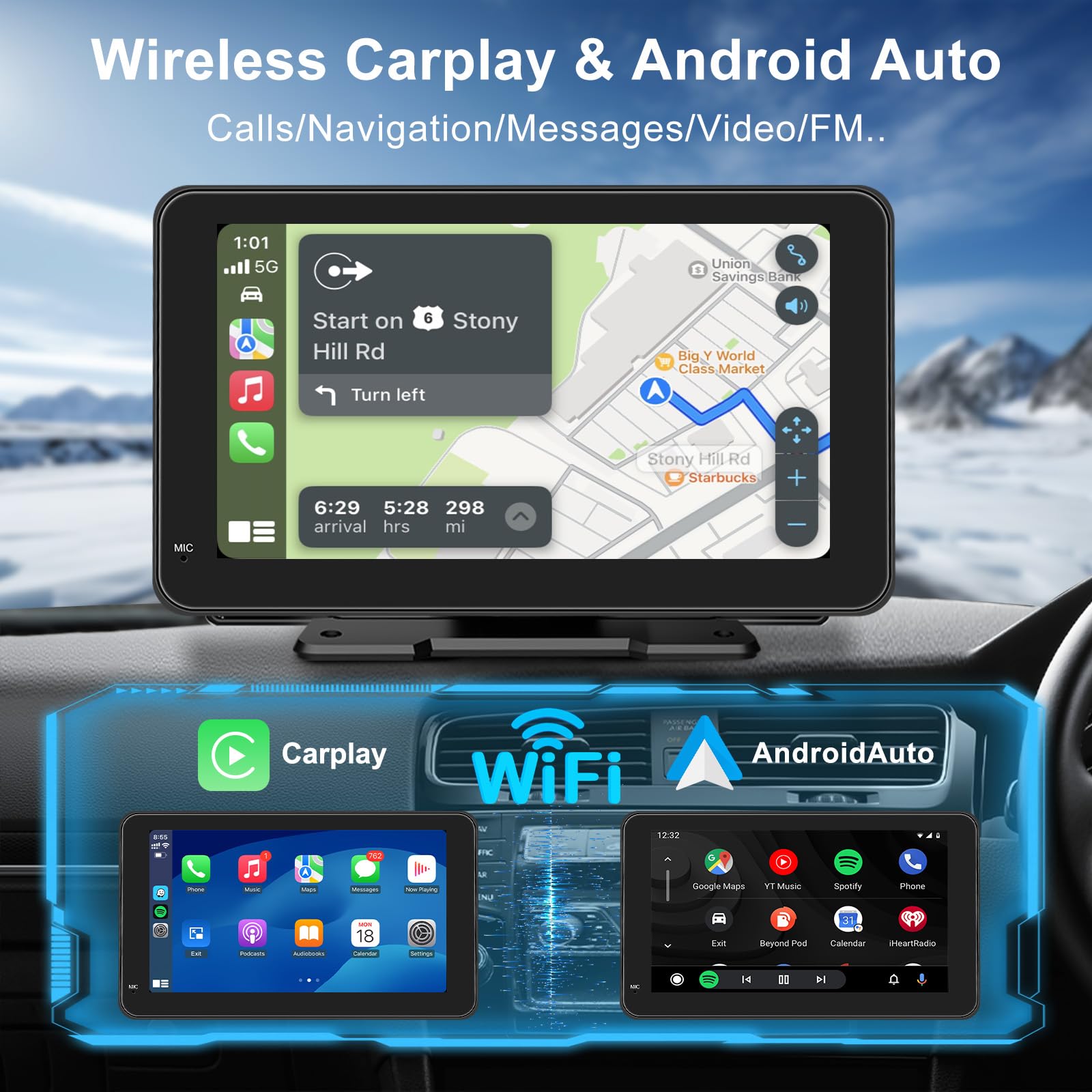 Senza Fili Autoradio, Wireless Carplay & Android Auto Portatile Autoradio e Telecamera Posteriore, 7 Pollici Stereo Auto HD Touch Screen per Auto, Mirror Link, GPS Navigation, FM, Siri, AUX, Airplay