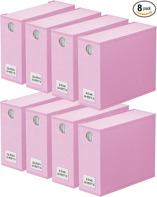 SpaceAid 8 Pack Bed Sheet Organizers and Storage, Foldable Organizer for Linen Closet, Set Folder Keeper with Window XL (Queen & King Size) Bedding Container (Pink, 8 Pack)