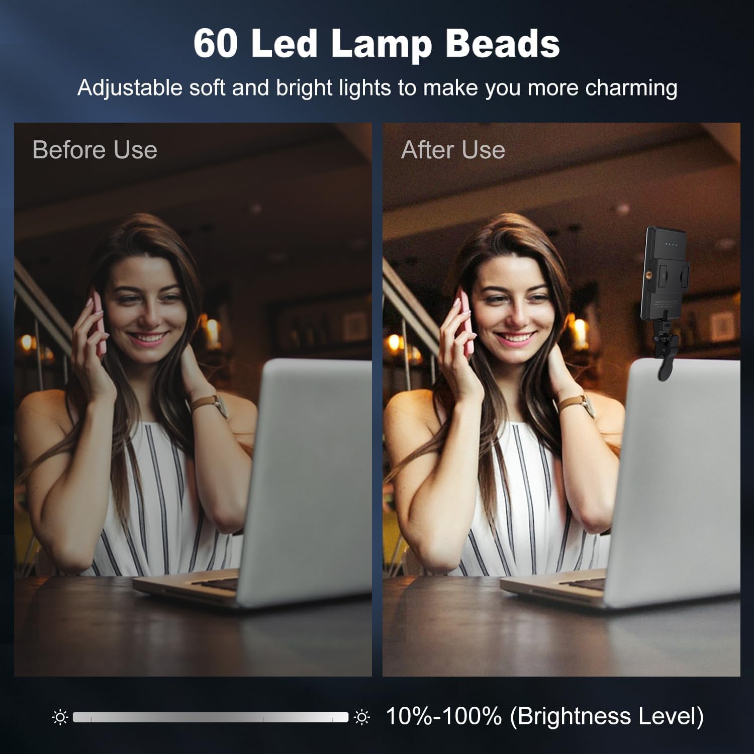 60 LEDs Selfie Light, 3 Lighting Modes, Rechargeable Clip on Phone/Laptop/Camera Light & CRI 97+ for Laptop/Phone, iPhone Camera, Video Conference, Youtube, TikTok, Makeup Vlog (Black) — view 2