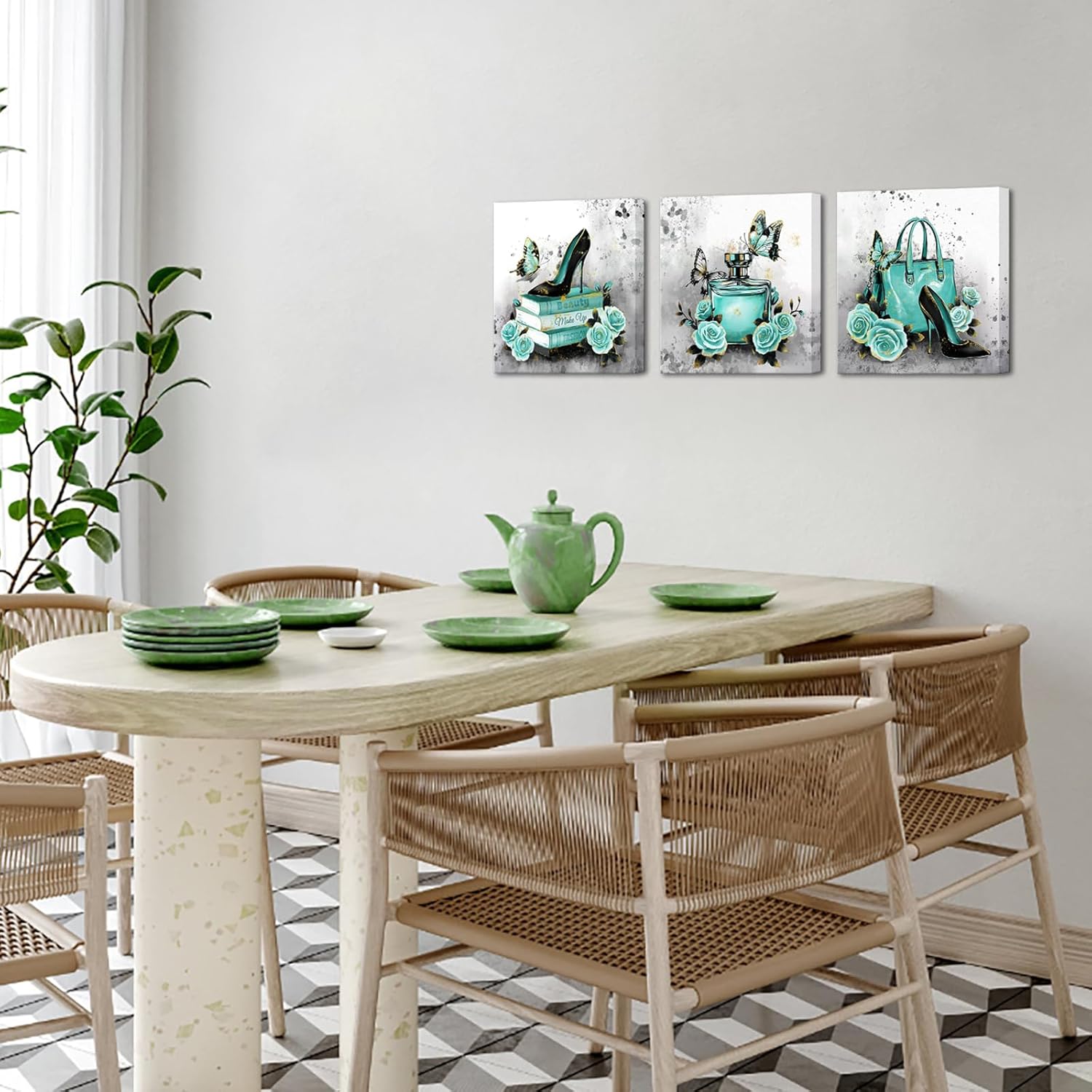 OuElegent Teal Grey Wall Decor Handbag Perfume Wall Art Turquoise Grey Pictures Fashion Paintings for Home Decor 12''x12''x3(Teal)