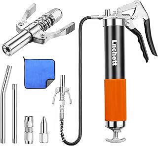 Lnchett Grease Gun with Quick Release Coupler and Towel, 9000 PSI Professional Heavy Duty 14 oz Grease Gun with 18 Inch Spring Flex Hose, 1 Reinforced Coupler, 2 Extension Rigid Pipe and1 Sharp Nozzle