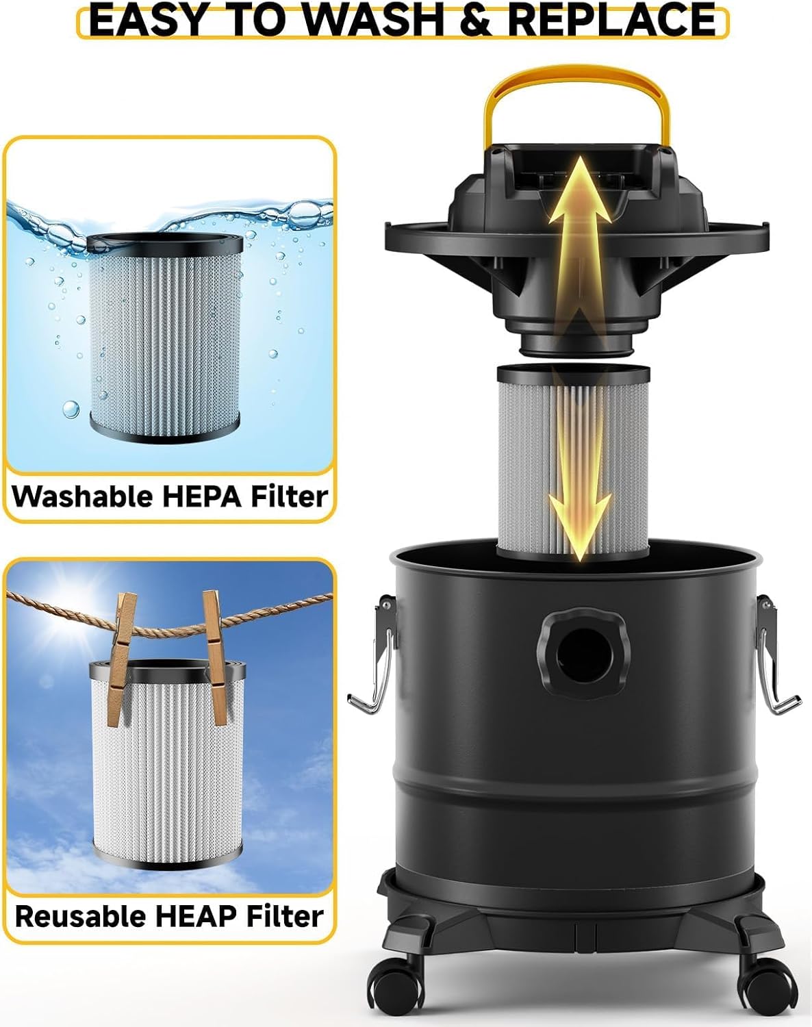 Cordless Ash Vacuum for Pellet Stoves, for DEWALT 20V Max Battery, Pellet Stove Vacuum Cleaner with 2 HEPA Filters, Powerful Suction, 4 Gallons & 4 Wheels, 38" Hose for Wood Fireplaces, BBQ Grills