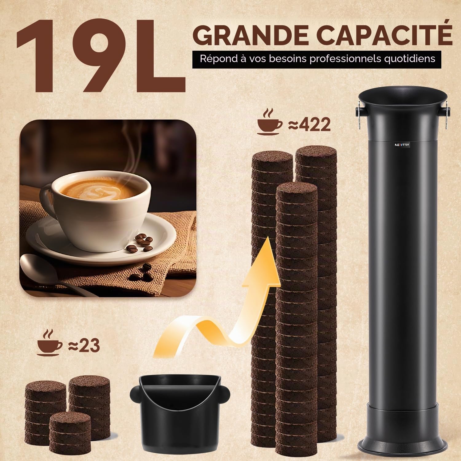NEWTRY Boîte à Café Commercial, Bac à Marre de Café Expresso - Grande capacité - 19 l - Accessoires pour Barista, Café, Bar avec 30 sacs poubelle, serviettes et brosses de nettoyage