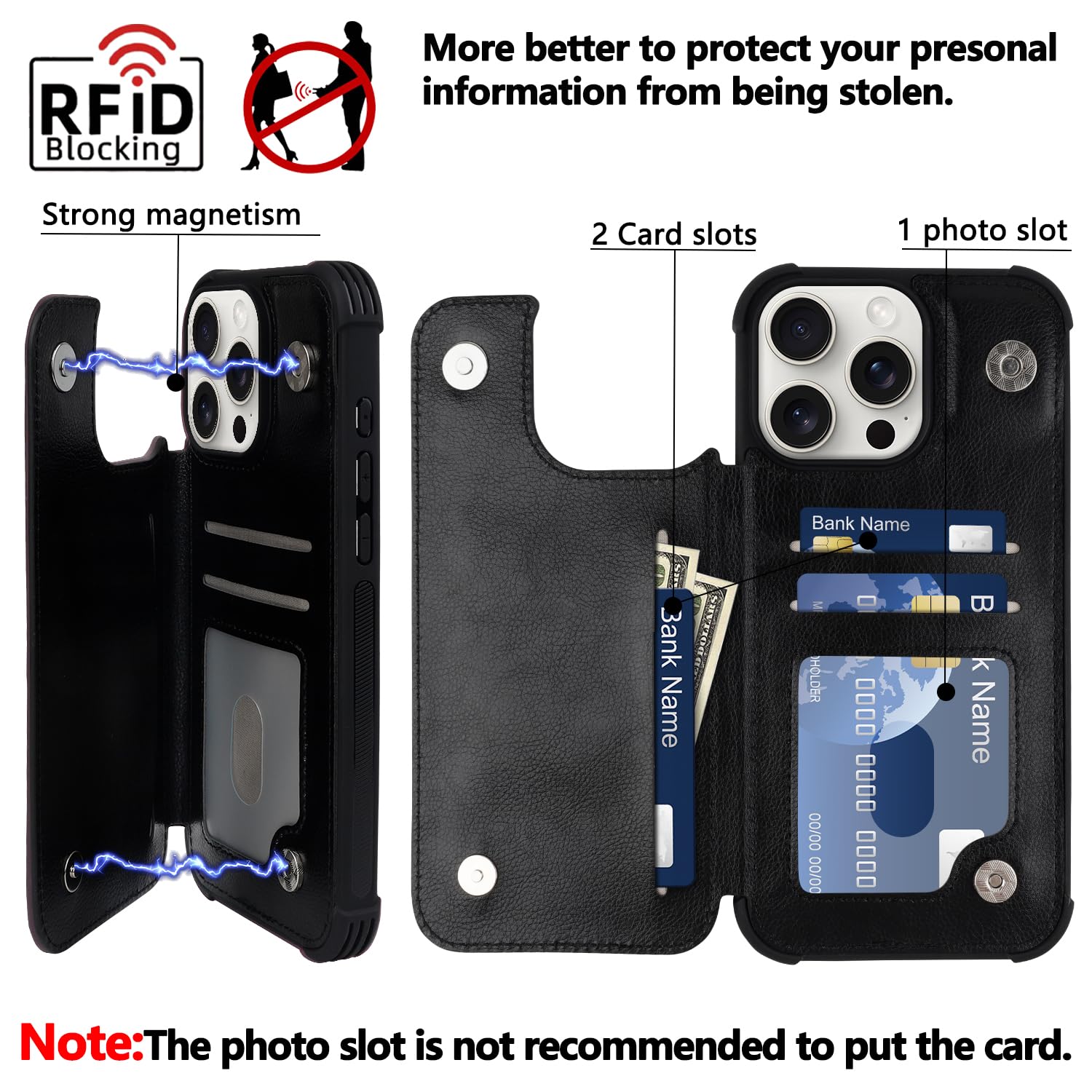 VANAVAGY Compatible for iPhone 16 Pro Wallet Case with Credit Card Holder,Rfid Leather Flip Folio Phone Cover Fits Magnetic Car Mount and Stand with Screen Camera Protector,Black - Image 3