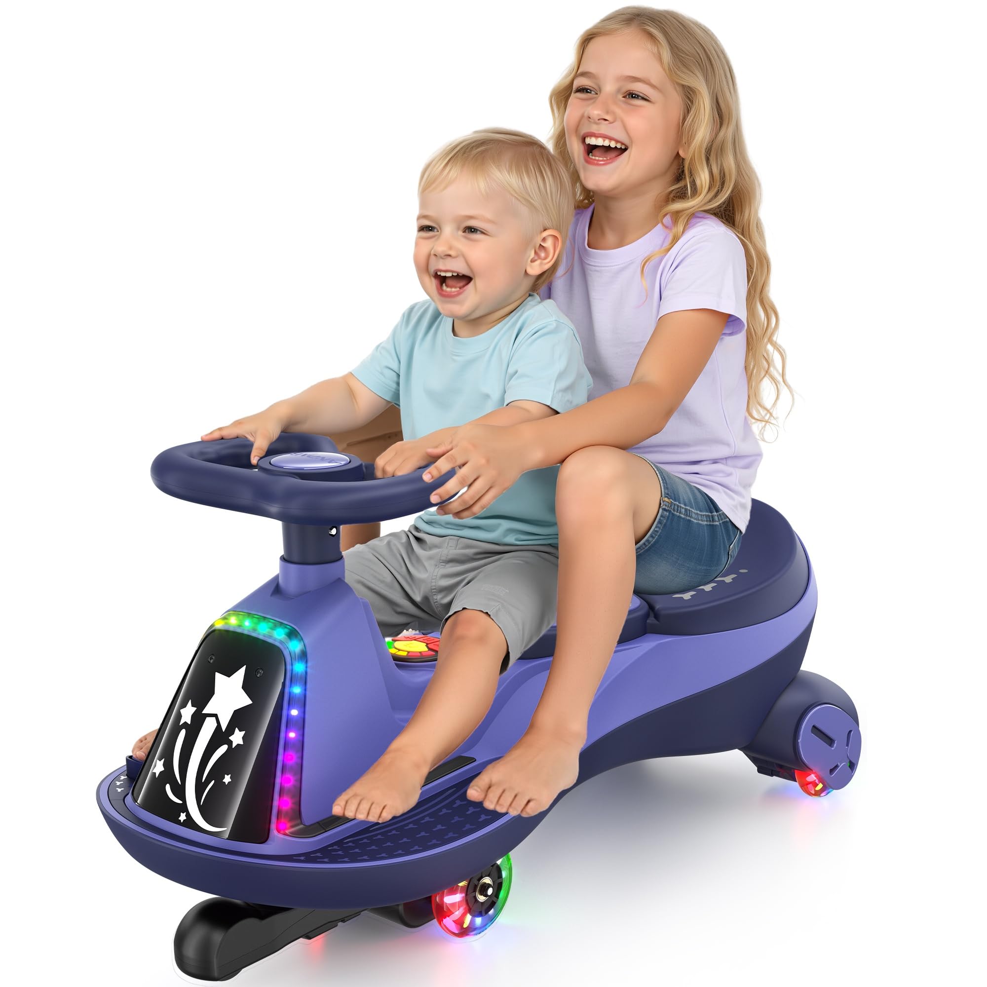 ANPABO 12V Electric Wiggle Car for Kids, 2 Seater, 2x75W Motor, Purple | 2 in 1 ride on toy for kids ages 3+, 2 speeds max 4.1 mph, anti-rollover, music & bluetooth, flashing wheels, 170 lbs