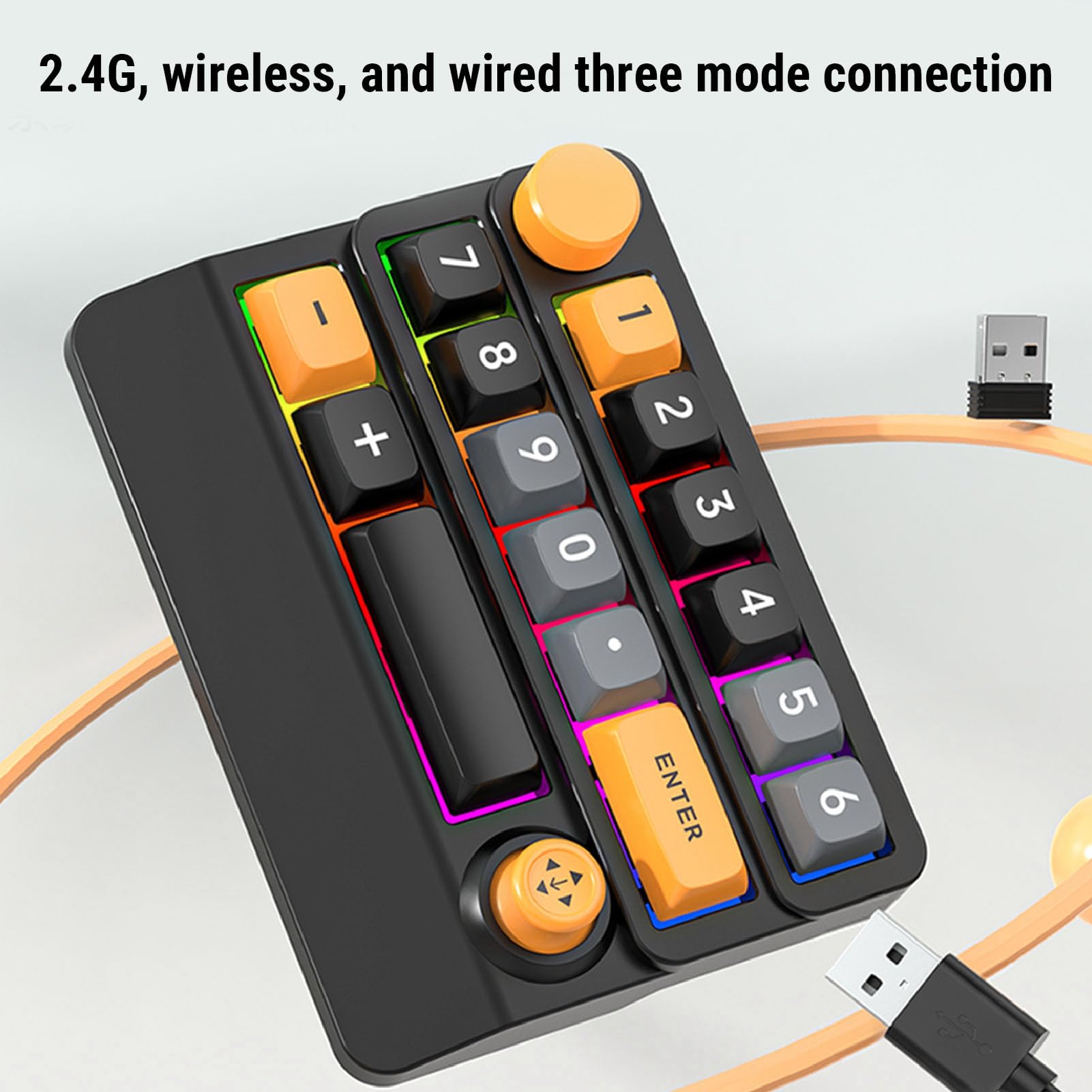 Cuifati Pavé Numérique Mécanique RVB sans Fil, Clavier Macro Programmable à 15 Touches Remplaçable à Chaud avec Bouton de Commande du Joystick du pavé Numérique, pour PC Portable IOS (Jaune Noir Bleu)