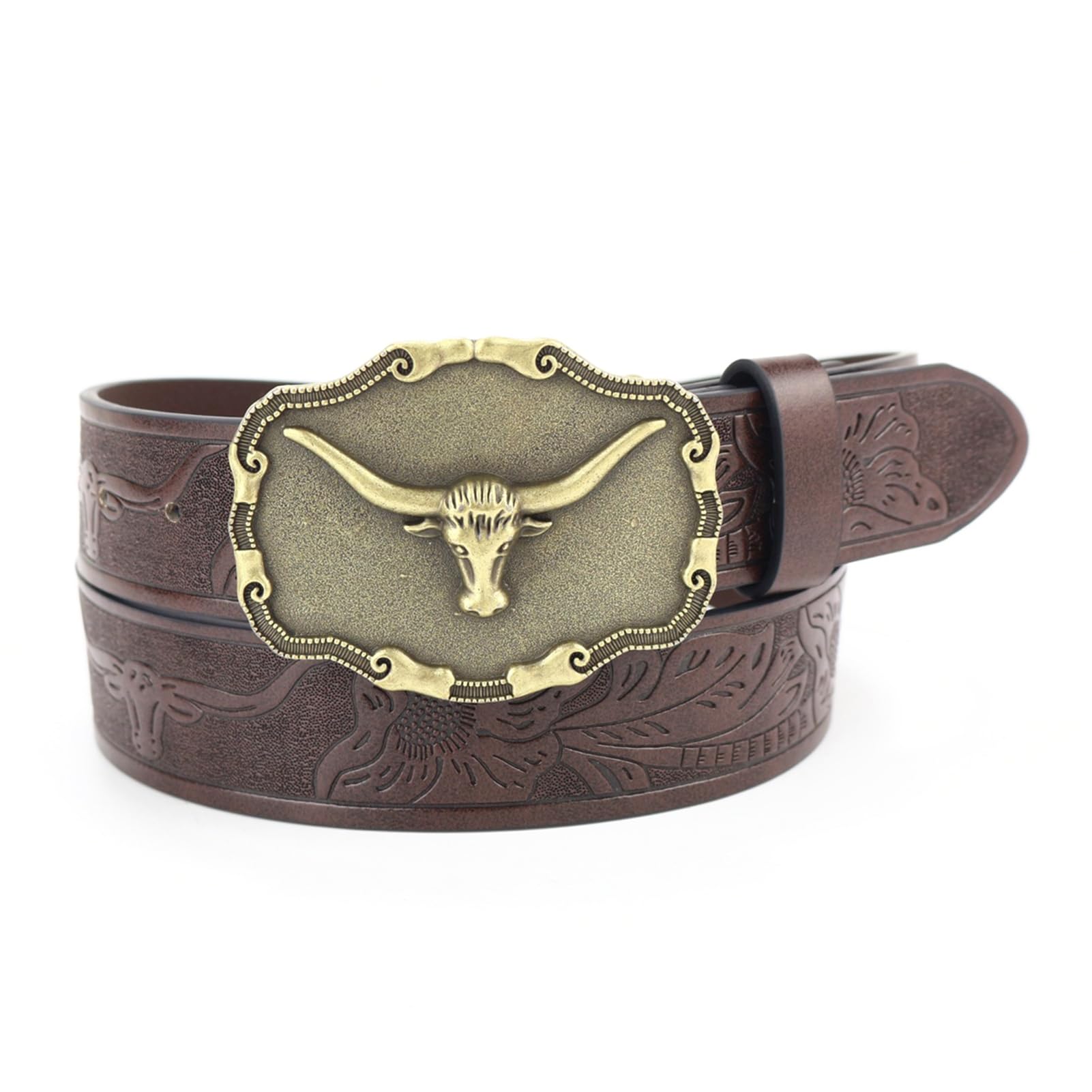 Cintura, Cinture da cowboy for uomo Longhorn Bull Western con fibbia country in pelle incisa larga 3,8 cm(115cm/waist:38"~40")