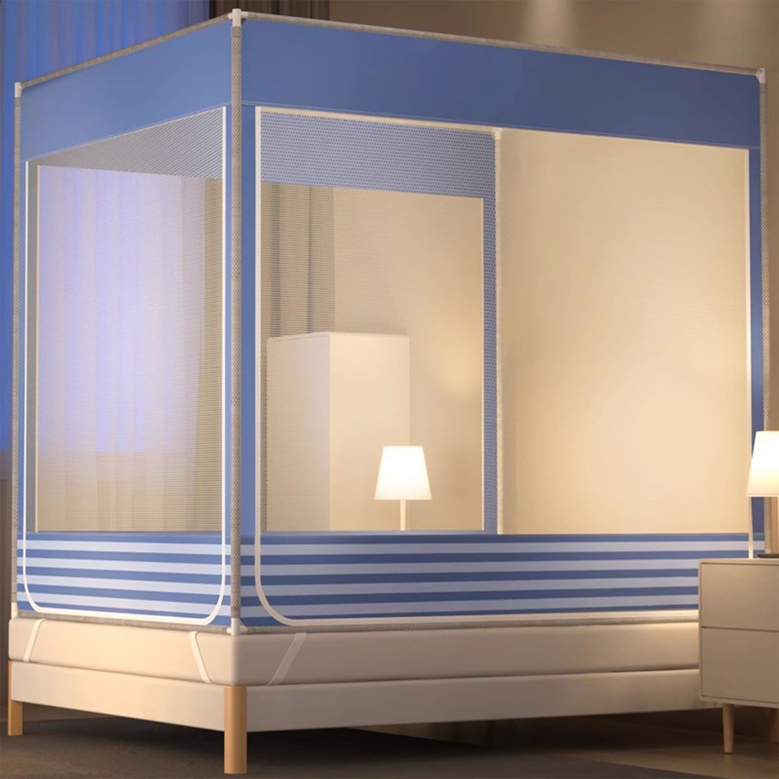 Rectangular Mosquito Net for Bed, Fine-Mesh Polyester Canopy with Metal Stand, Easy Installation Fly/Insect Net – Fits Double & Single Beds, 360° All-Round Visibility, Portable Mosquito Netting