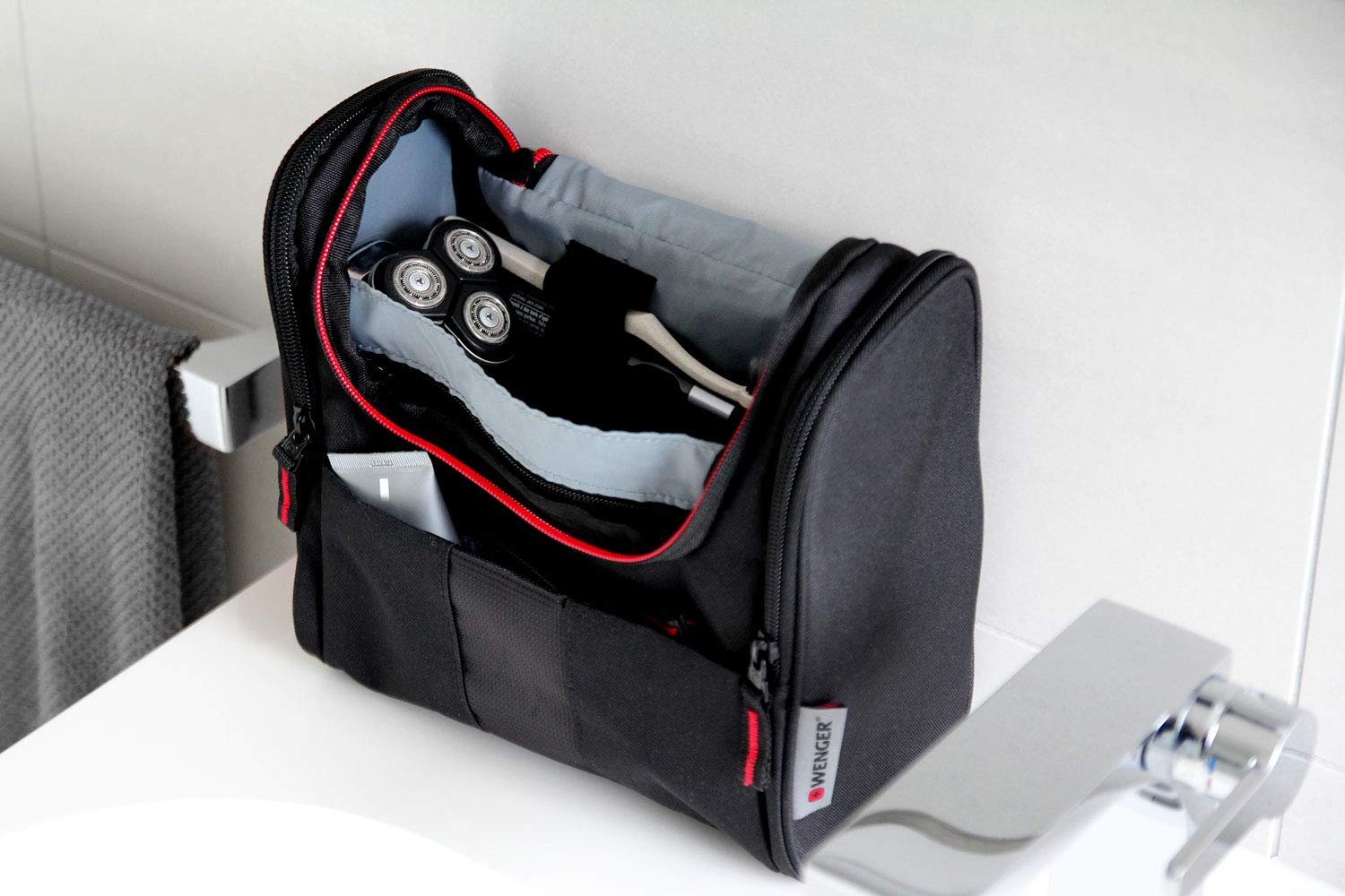 WENGER Beauty case da viaggio da appendere per uomo e donna, grande beauty case da 7 litri, borsa cosmetica con gancio, borsa cosmetica nera con fodera interna grigia