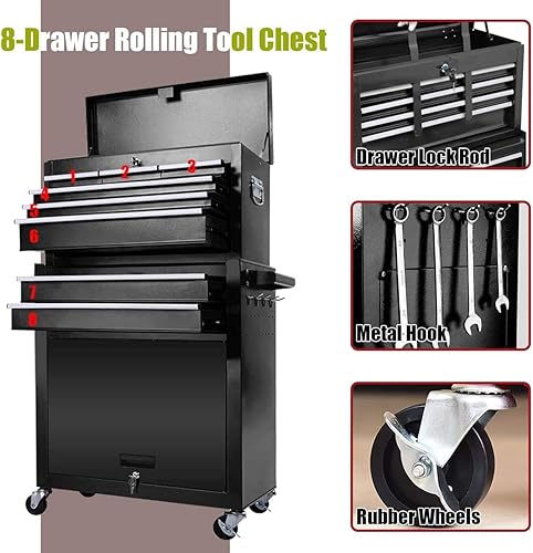 Miniatura 3 de Cofre de herramientas de 8 cajones, caja de herramientas con cerradura, caja de herramientas de alta capacidad con cajones deslizantes y 4 ruedas,