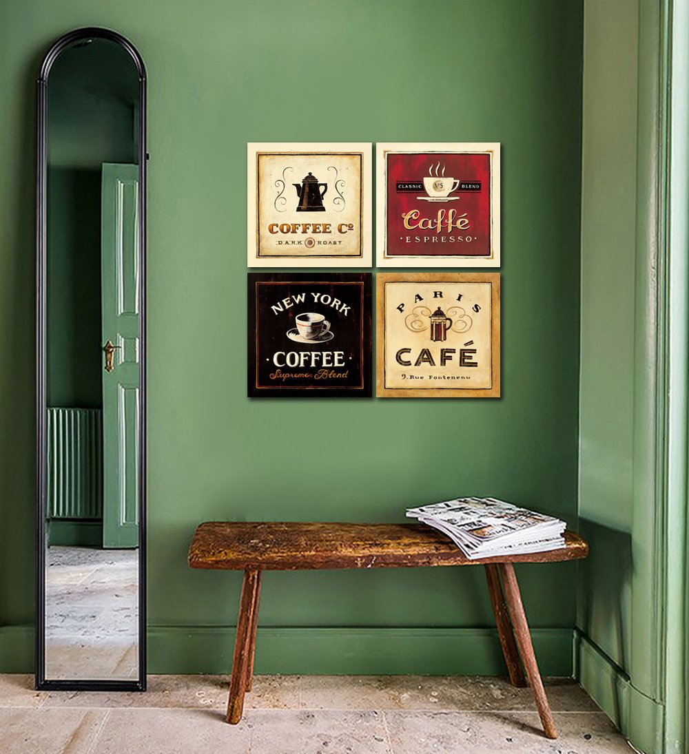 Coffee Wall Art Kitchen Decor Vintage Canvas Prints Coffee Cup Latte Mocha Cafe Drinking Pictures for Dining Room Restaurant Bar Decorations Brown Black and Red Food Artwork Poster 12x12" 4 Pcs and Kitchen Storage Containers Bundle