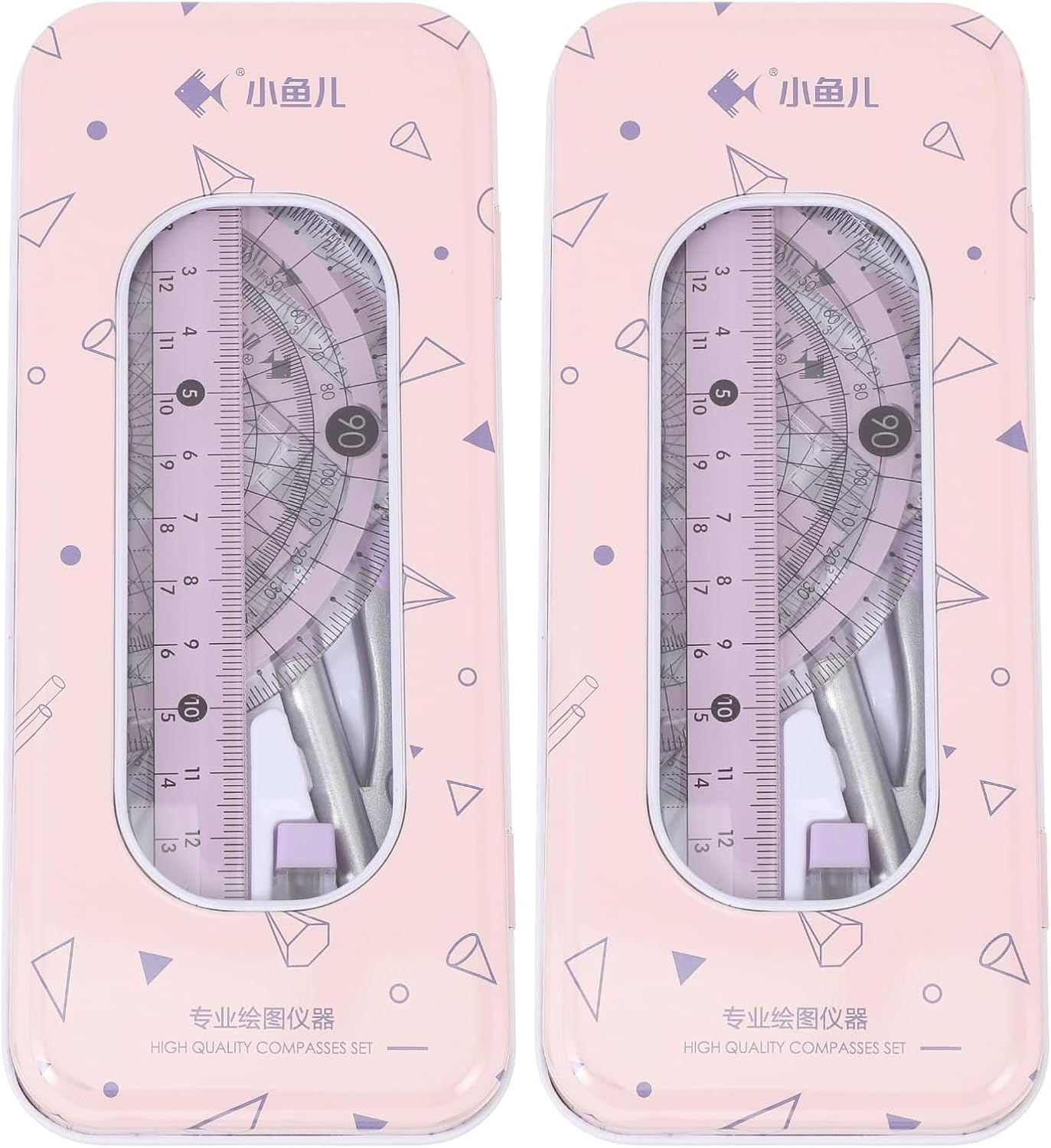 LUOZZY Math Geometry Tool Set - Ruler, Compass, and Protractor Kit for Student Drawing - School Supplies Stationery (Pink) (Pack of 2)