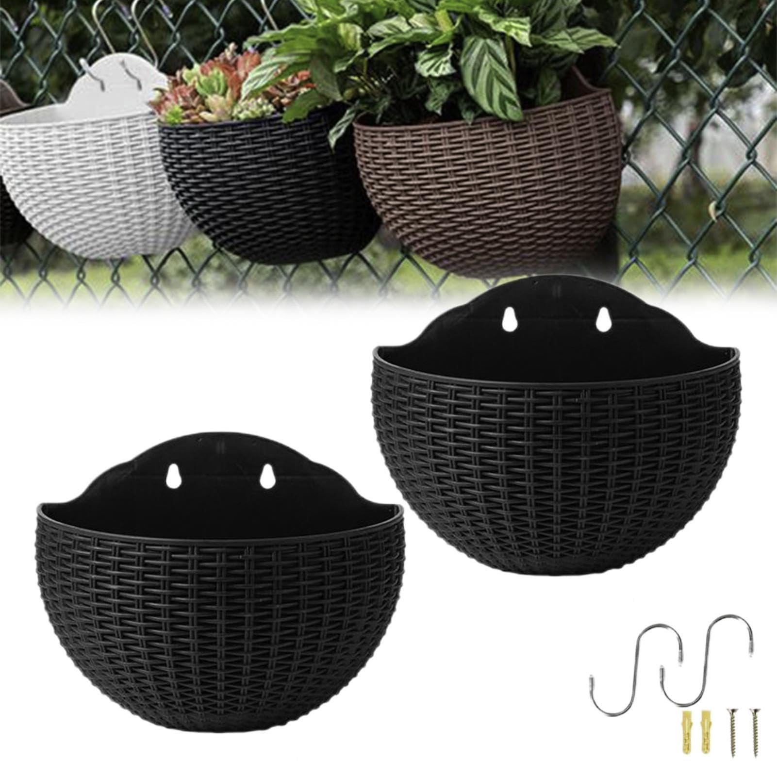2PCS Imitation Rattan Wall Hanging Flower Pot, Semicircle Wall Hanging Planters Outdoor With Hooks, Mounted Plant Holder, European Style Garden Hangings Basket, For Balcony, Fence,Rail, Deck(Black)