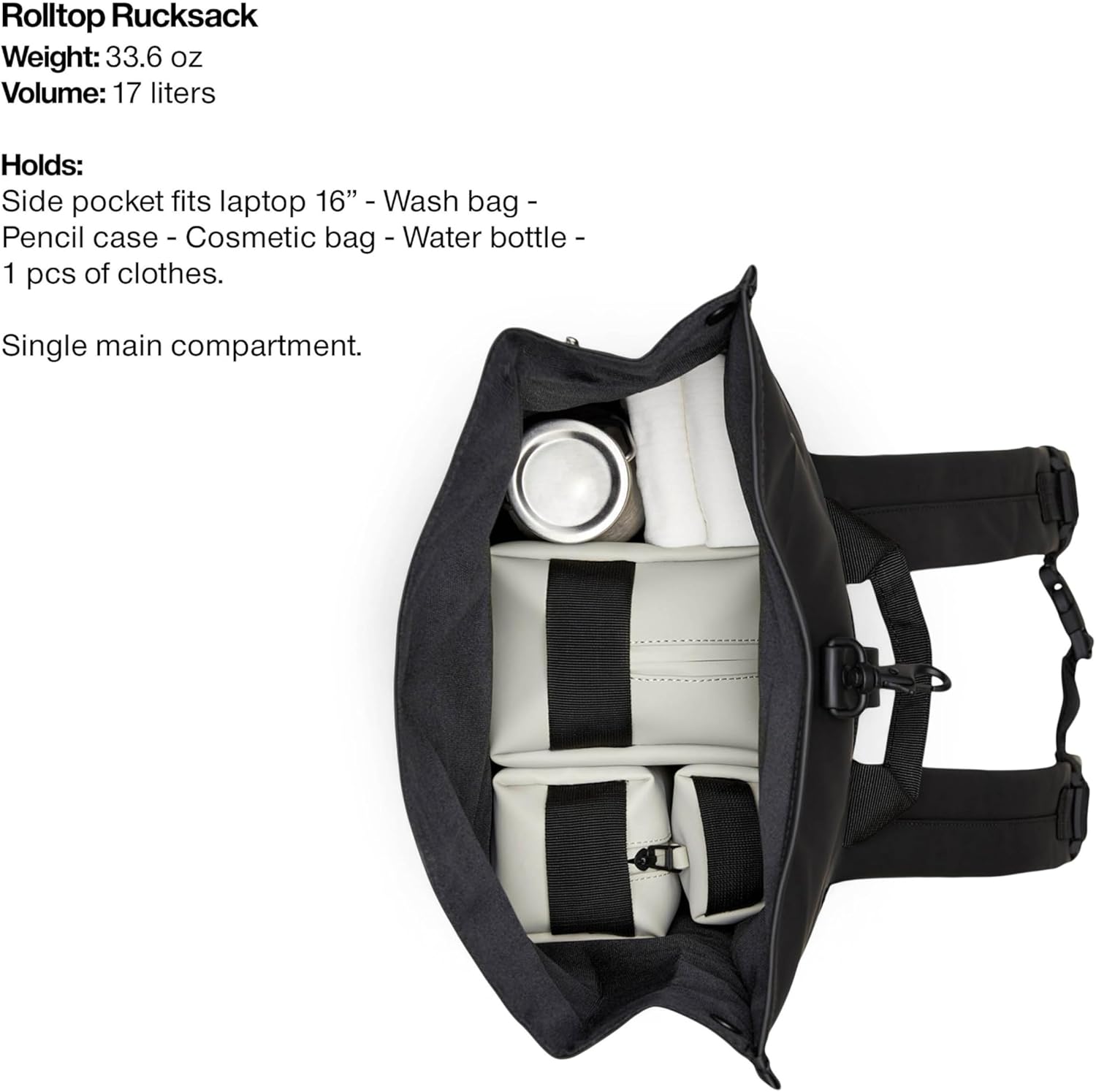 RAINS Rolltop Rucksack Large - Waterproof Rolltop Backpack Water Resistant Commuter Travel Pack Urban Minimalist (Black, Regular)