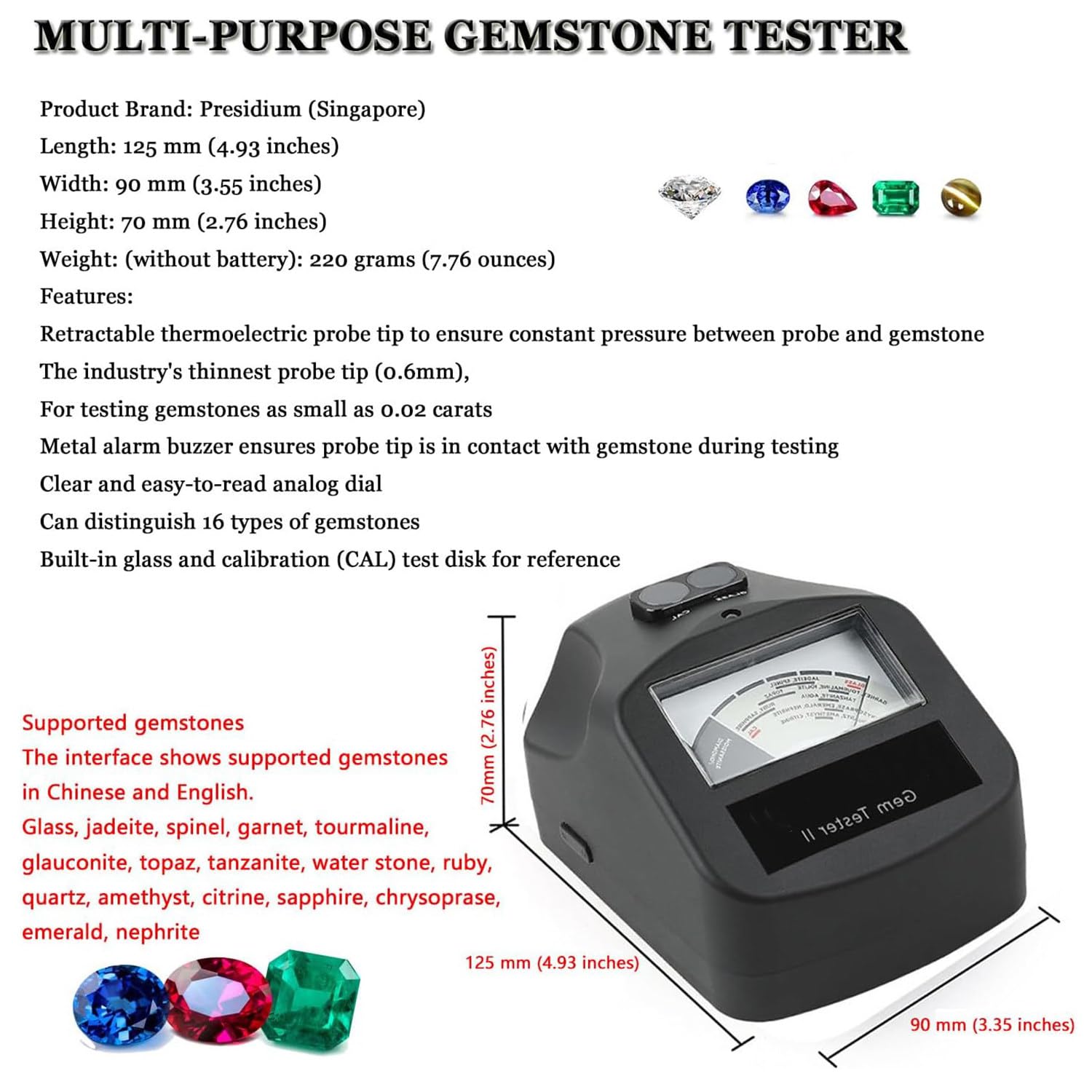 Probador Diamantes Piedras Preciosas Detector Profesional, Pluma Probadora Electrónica con Conductividad Térmica, Calibración Automática,Prueba Dureza Jade & Moissanita