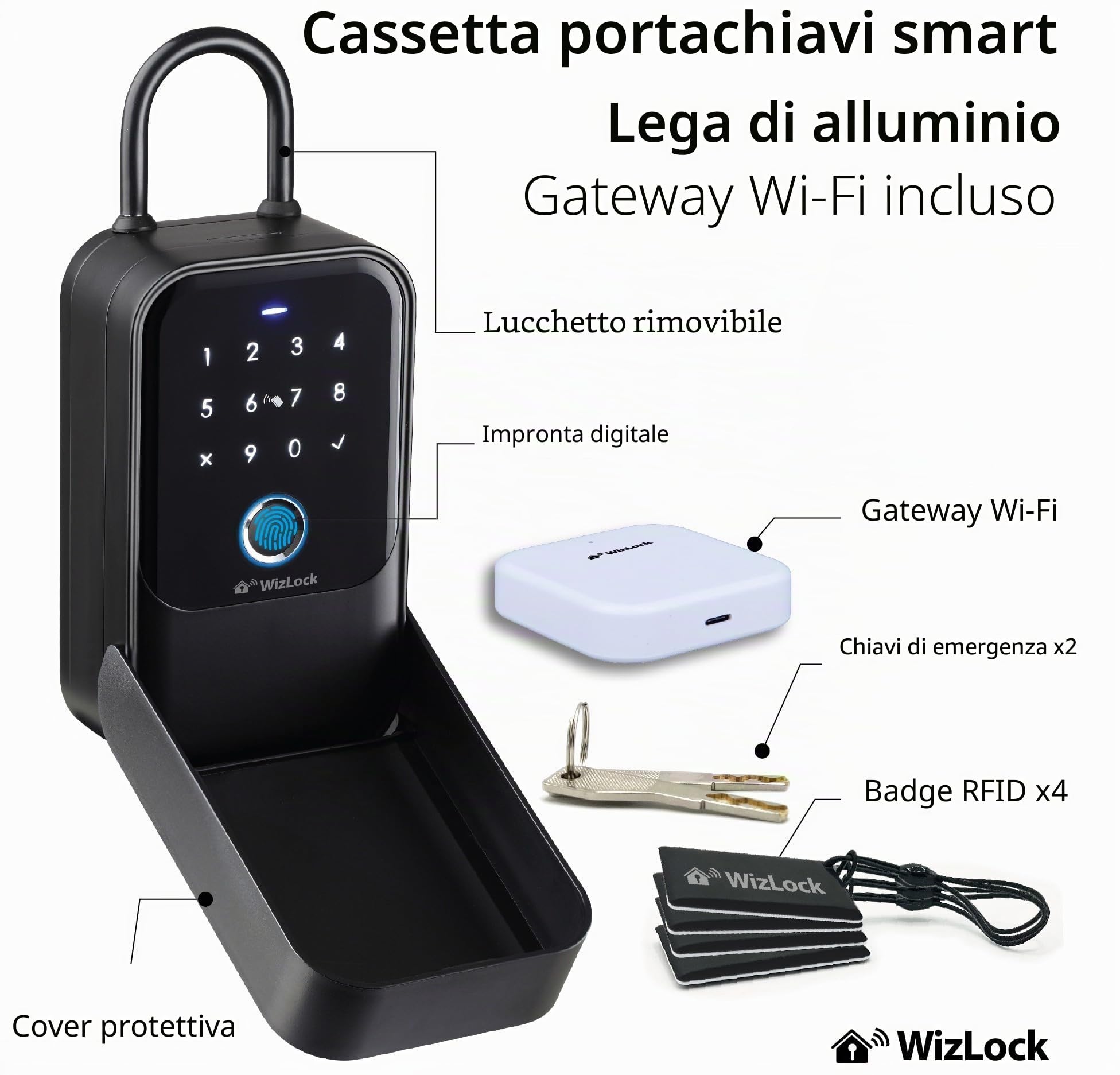 Smart KeyBox - Cassetta portachiavi connessa in alluminio nero - Gateway Bluetooth/Wi-Fi 2,4 GHz incluso - App Tuya - Codice, 4 badge, Impronta, Smartphone, 2 chiavi di riserva